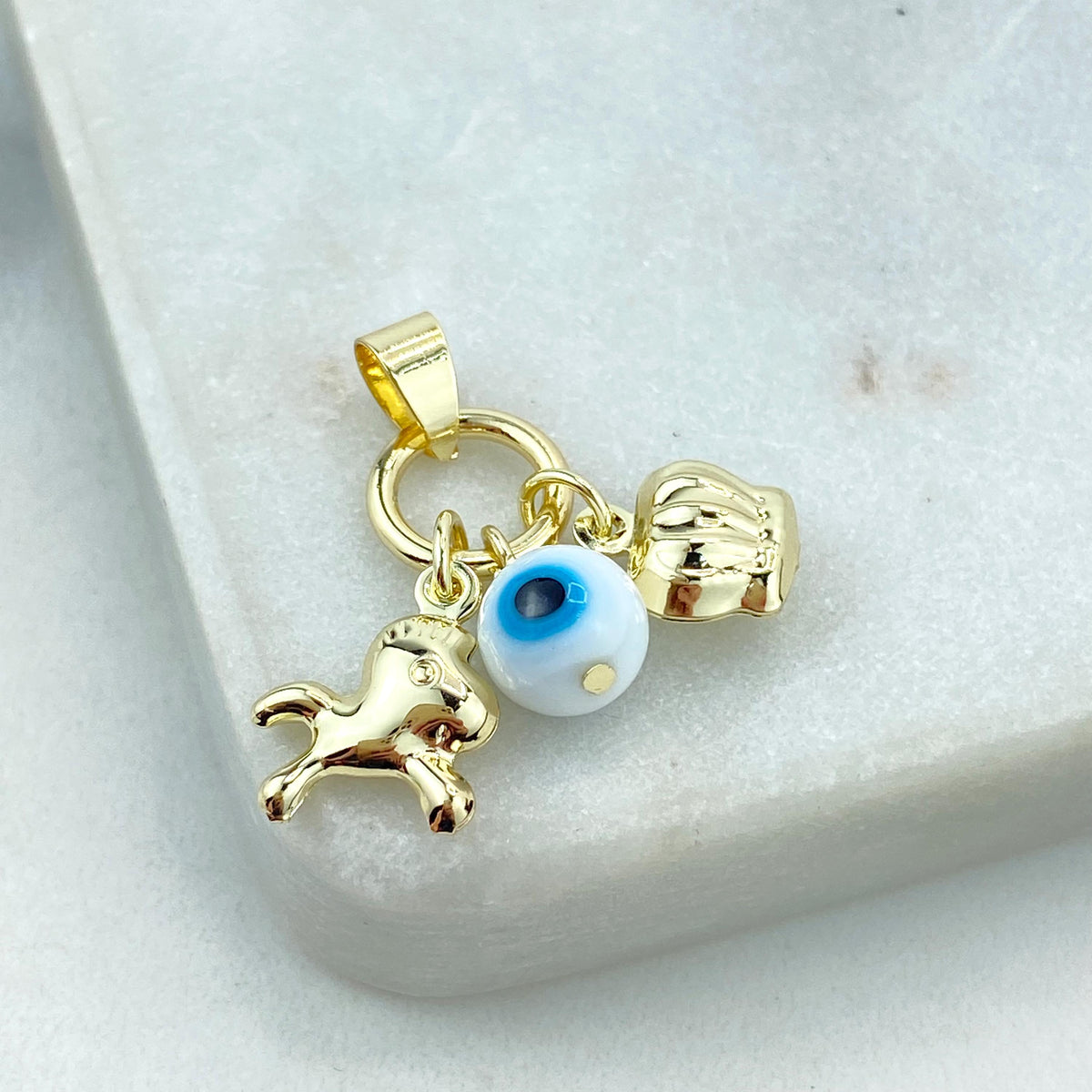 18k Gold Filled Protection Amulet with Playful Horse, Evil Eye and Crown Charm, Protection against the Evil Eye Charm, Wholesale Jewelry