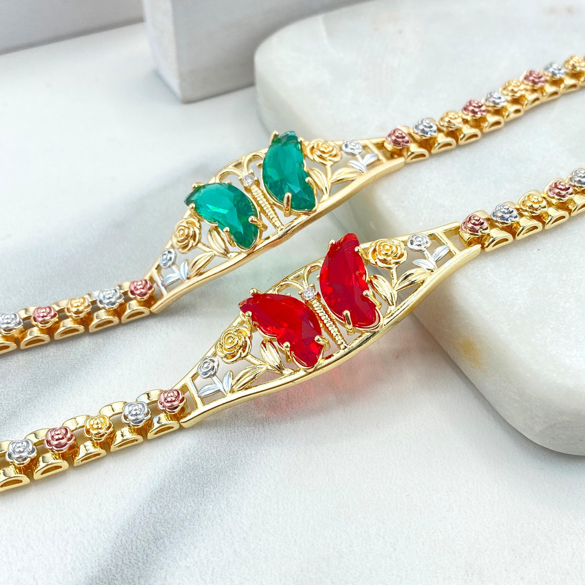 18k Gold Filled Three Tone Rose Flowers, Green or Red Zirconia Butterfly, Bracelet, Wholesale and Jewelry Supplies