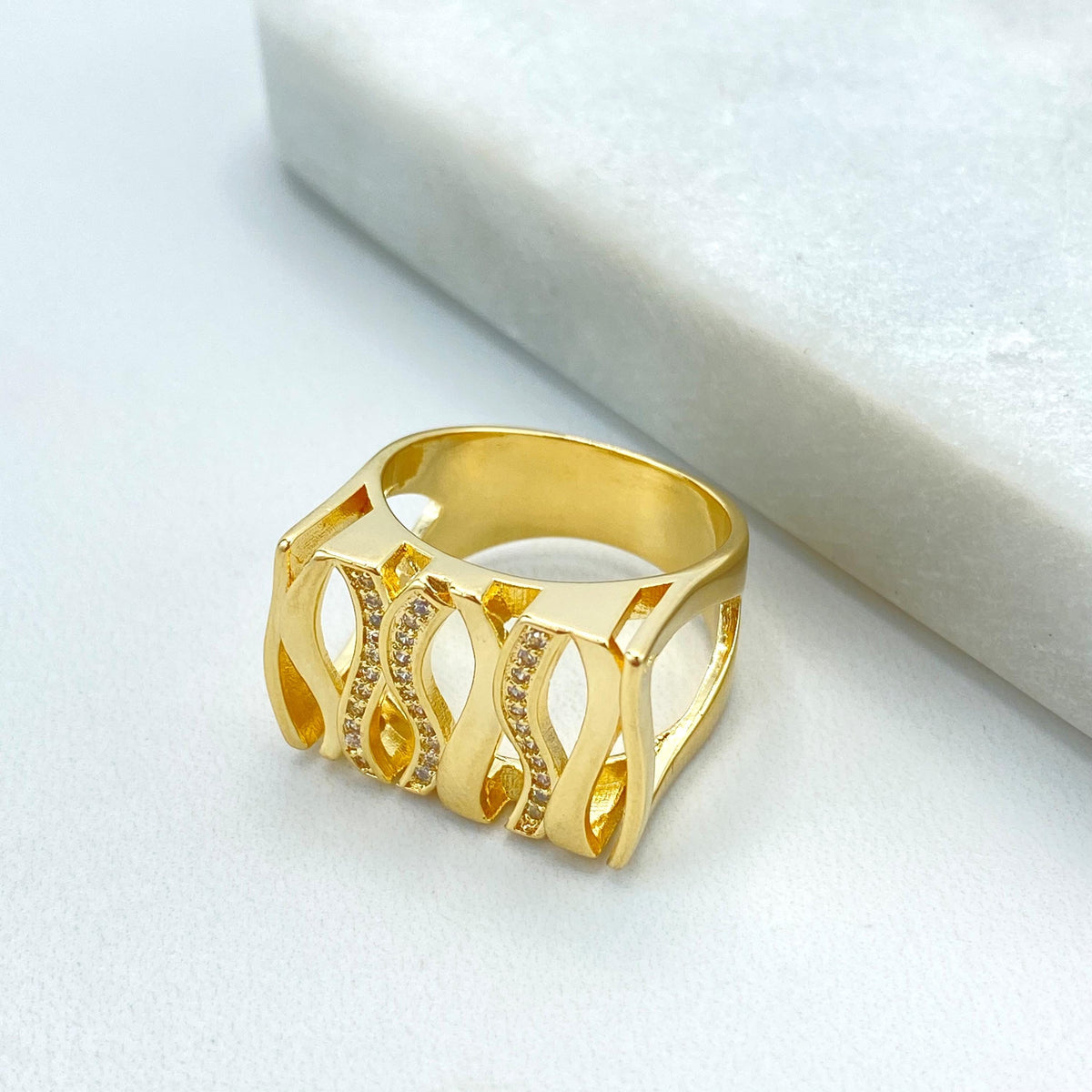 18k Gold Filled Square Front Shape Ring with Waves and Micro Cubic Zirconia, Micro CZ Details Square Ring, Wholesale Jewelry