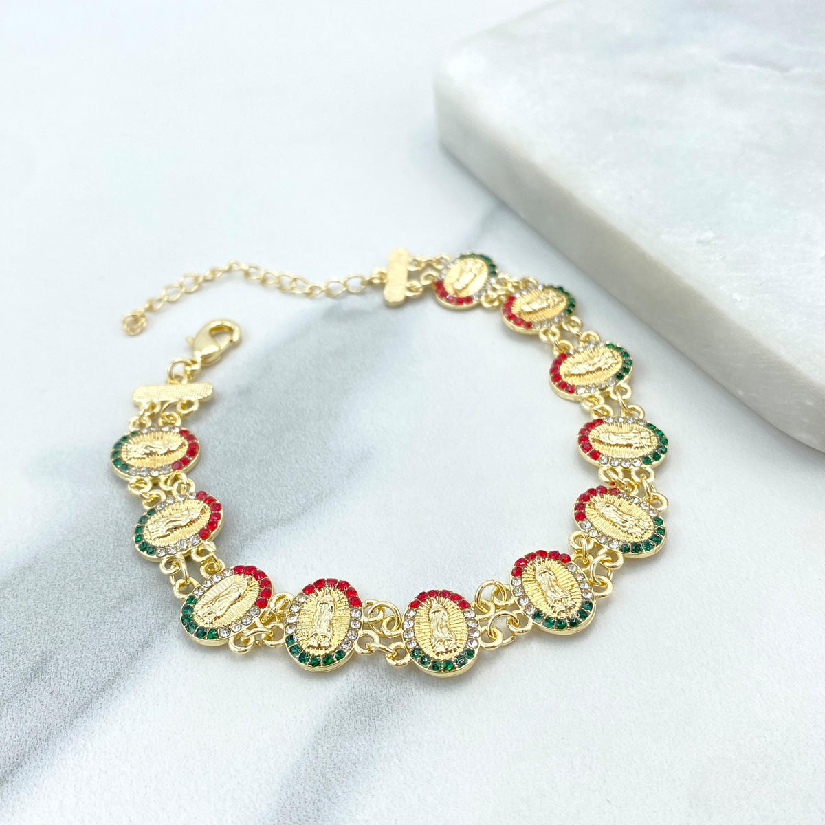 18k Gold Filled Religious Bracelet, Our Lady Of Guadalupe with Mexican Cubic Zirconia Color Linked Medal Bracelet, Wholesale Jewelry