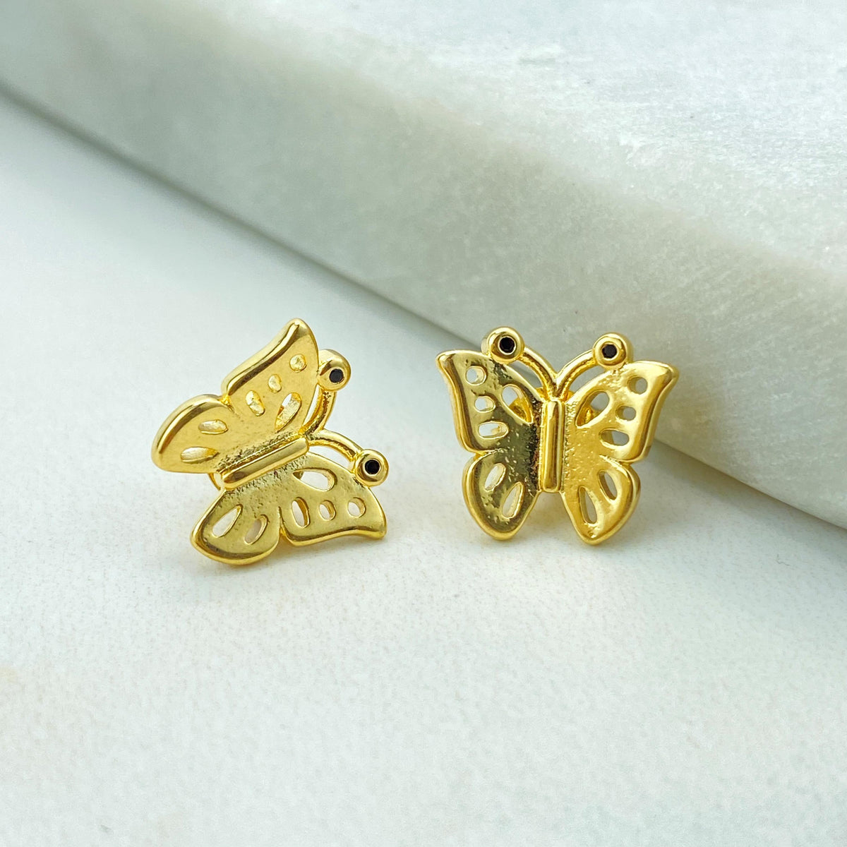 18k Gold Filled Butterfly Shape Stud Earrings, with Micro Black Cubic Zirconia, Petite Butterfly Earrings, Wholesale Jewelry