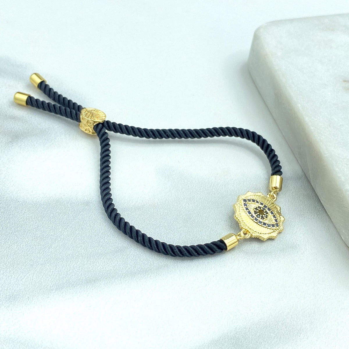 18k Gold Filled Evil Eye Bracelet, String Braided Adjustable Rope Bracelet with CZ Evil Eye Charm, Protection against the Evil, Wholesale