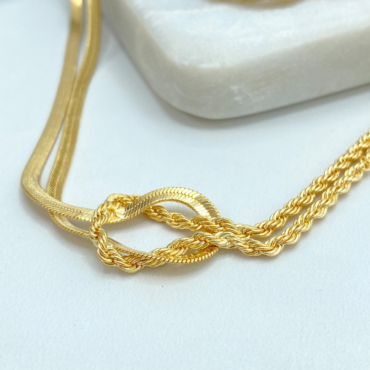 18k Gold Filled Front Knot Necklace or Bracelet, with Double Rope Chain & Snake Chain, Rope and Herringbone Chain with Double Knot Accent