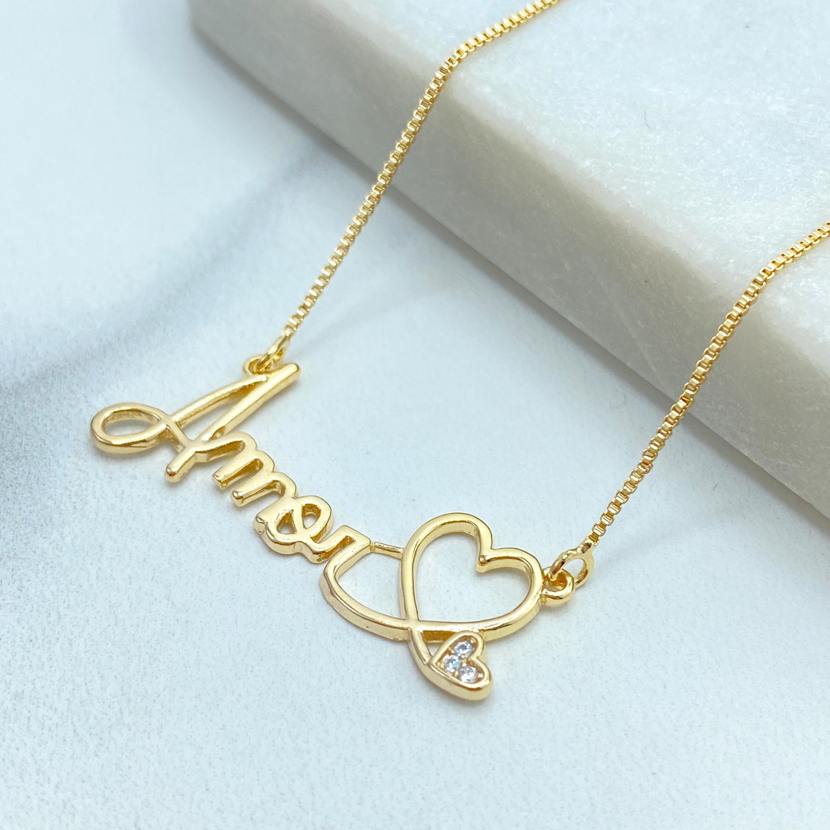 18k Gold Filled "Amor" Necklace, with Extender, Charm with Description "Love" in Portuguese/Spanish Necklace, with Hearts and Cubic Zirconia