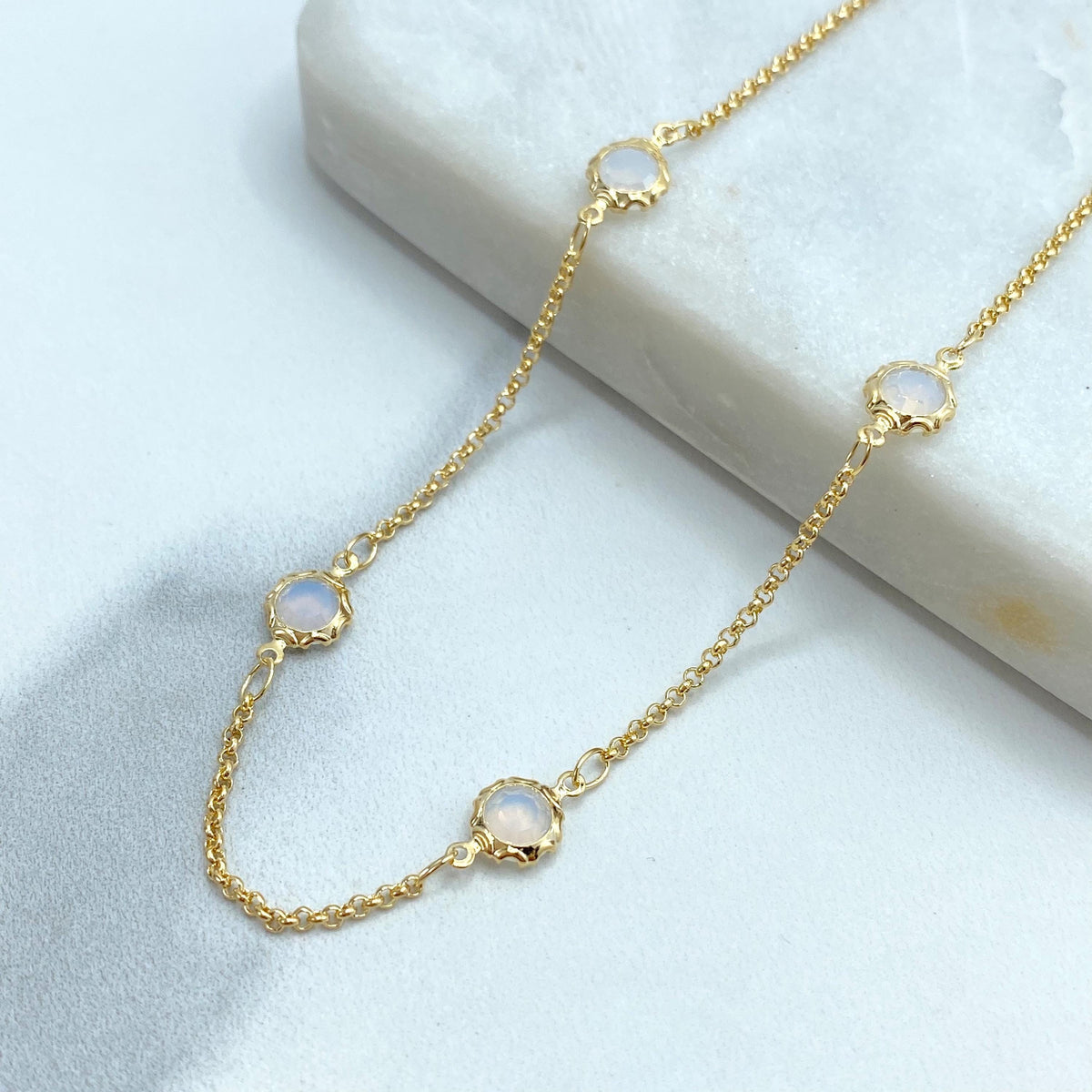 18k Gold Filled Thin Rolo Chain with Linked Simulated Moonstone, Necklace or Bracelet, Buy as a set or individually, Wholesale Jewelry
