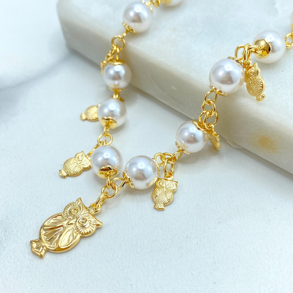 18k Gold Filled Linked Simulated Pearl with Textured Gold Owls Charms Bracelet, Linked Pearl Bracelet and Owls Charms, with Extender