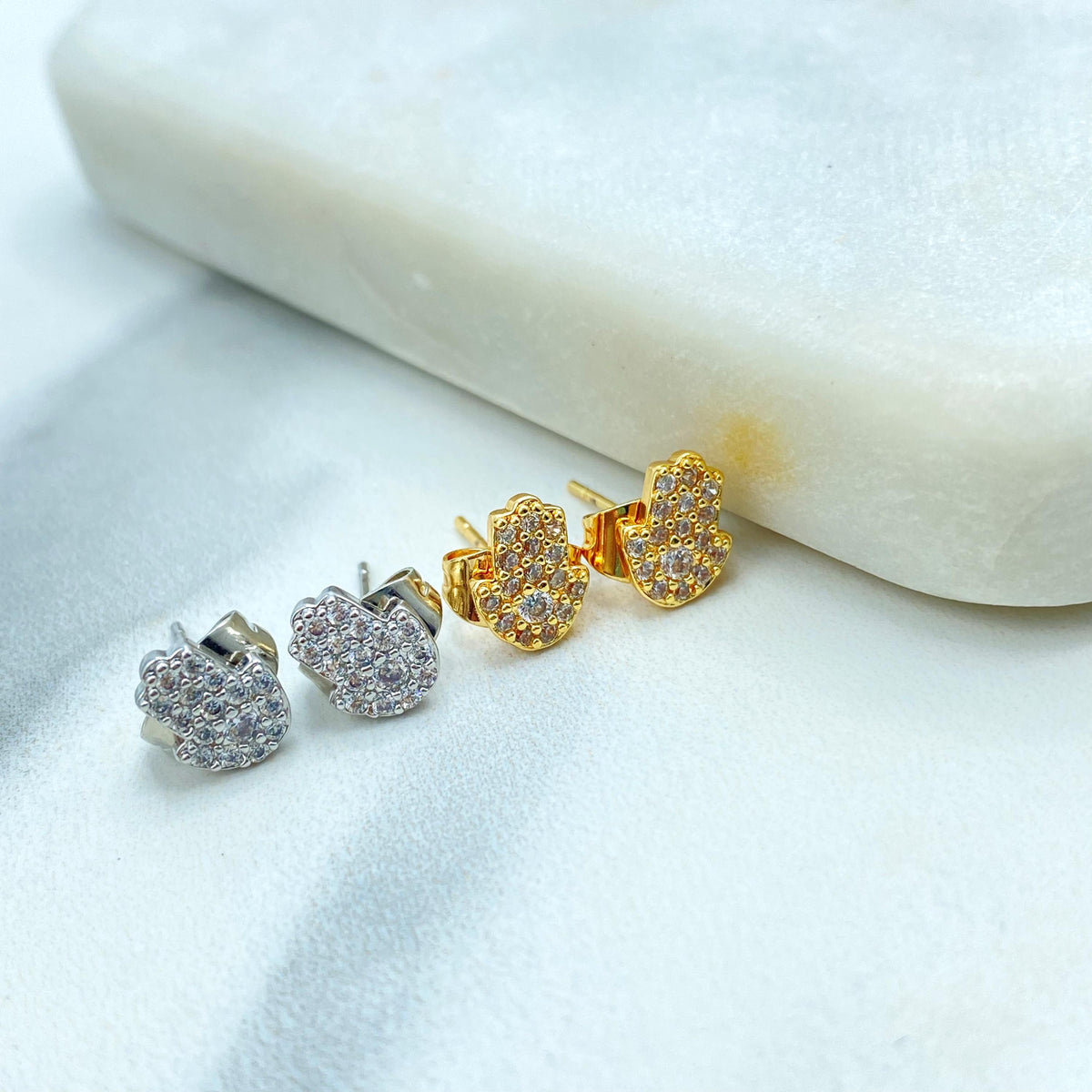 18k Gold Filled or Silver Filled Mini Hamsa Hand Stud with Micro Cubic Zirconia, Pave Hamsa Hand Shape Stud Earrings, Wholesale Jewelry