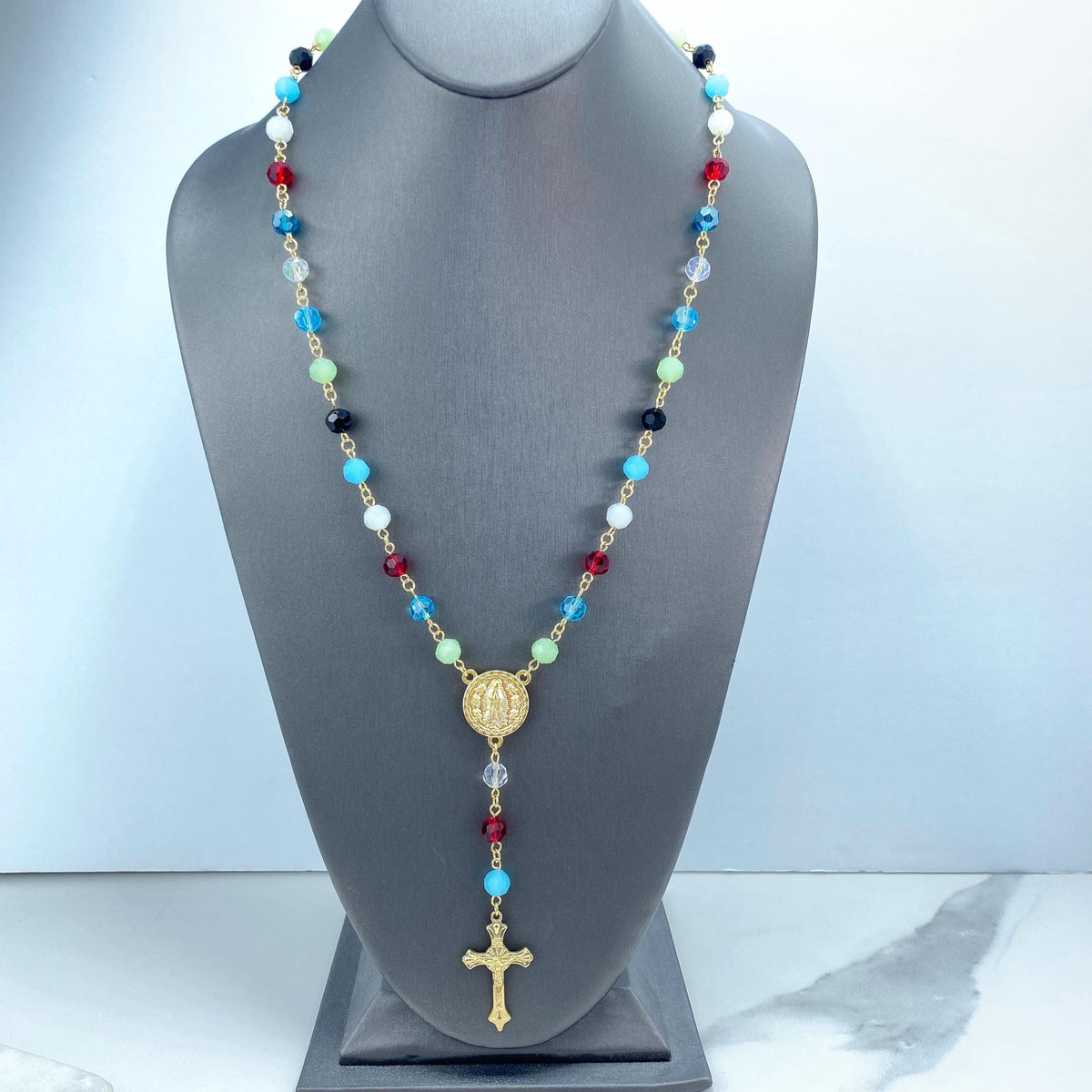 18k Gold Filled Multicolor Beads Rosary with Virgen de Guadalupe Medal, Our Lady of Guadalupe Rosary, "Ruega por Nosotros" Back Medal Rosary