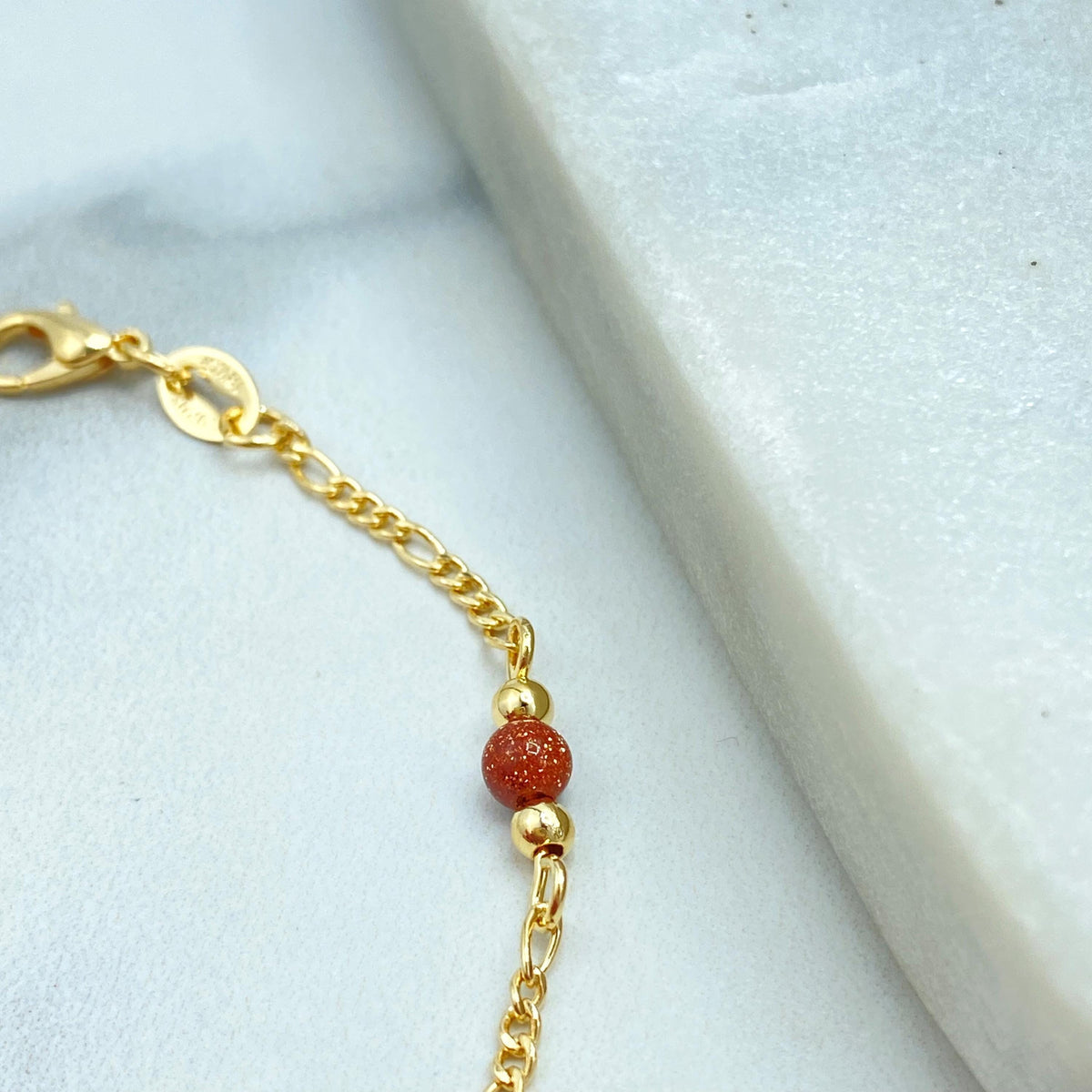 18k Gold Filled Aventurine Linked Bracelet with Figaro Chain, 7.5 Inches Long, Figaro Chain Bracelet with Aventurine, Wholesale Jewelry