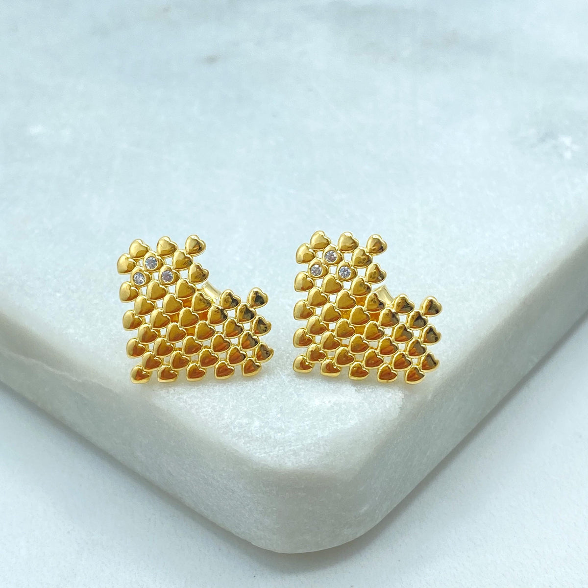 18k Gold Filled Pixel Heart Stud Earrings, Gold Mini Hearts with CZ Accents, Modern Love Earrings, Wholesale Jewelry