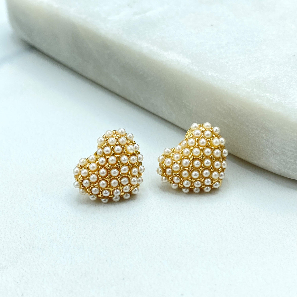 18k Gold Filled Heart Stud Earrings with Mini Simulated Pearls, Heart Stud Design with Mini Pearls, Elegant, Feminine & Perfect for Gifting