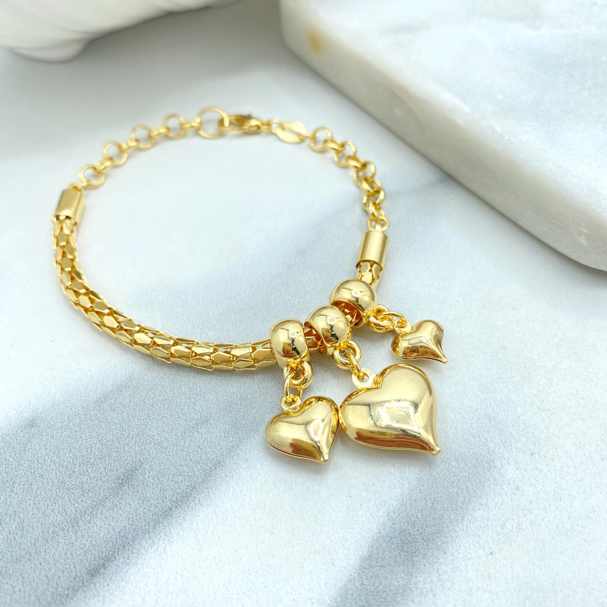 18k Gold Filled Heart Charm Bracelet, Puffy Hearts & Beaded Accents Bracelet, 7.5 Inches, Rolo Chain and Popcorn Chain, Wholesale Jewelry