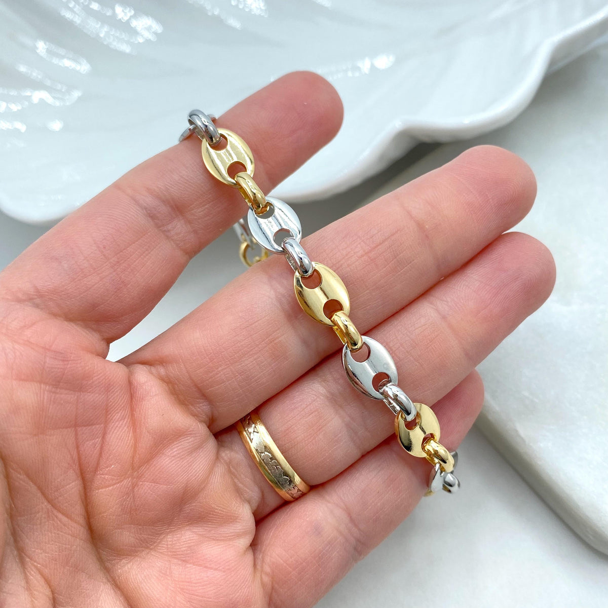 18k Gold Filled & Silver Filled, Two-Tone 8mm Puff Mariner Bracelet, 9" Puffed Mariner Link Chain, Chunky Link Mariner, Wholesale Jewelry