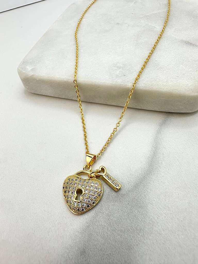 18k Gold Filled Paperclip Chain with CZ Heart Padlock + Key Charm Necklace, with Extender, Symbol of Love & Protection, Wholesale Jewelry