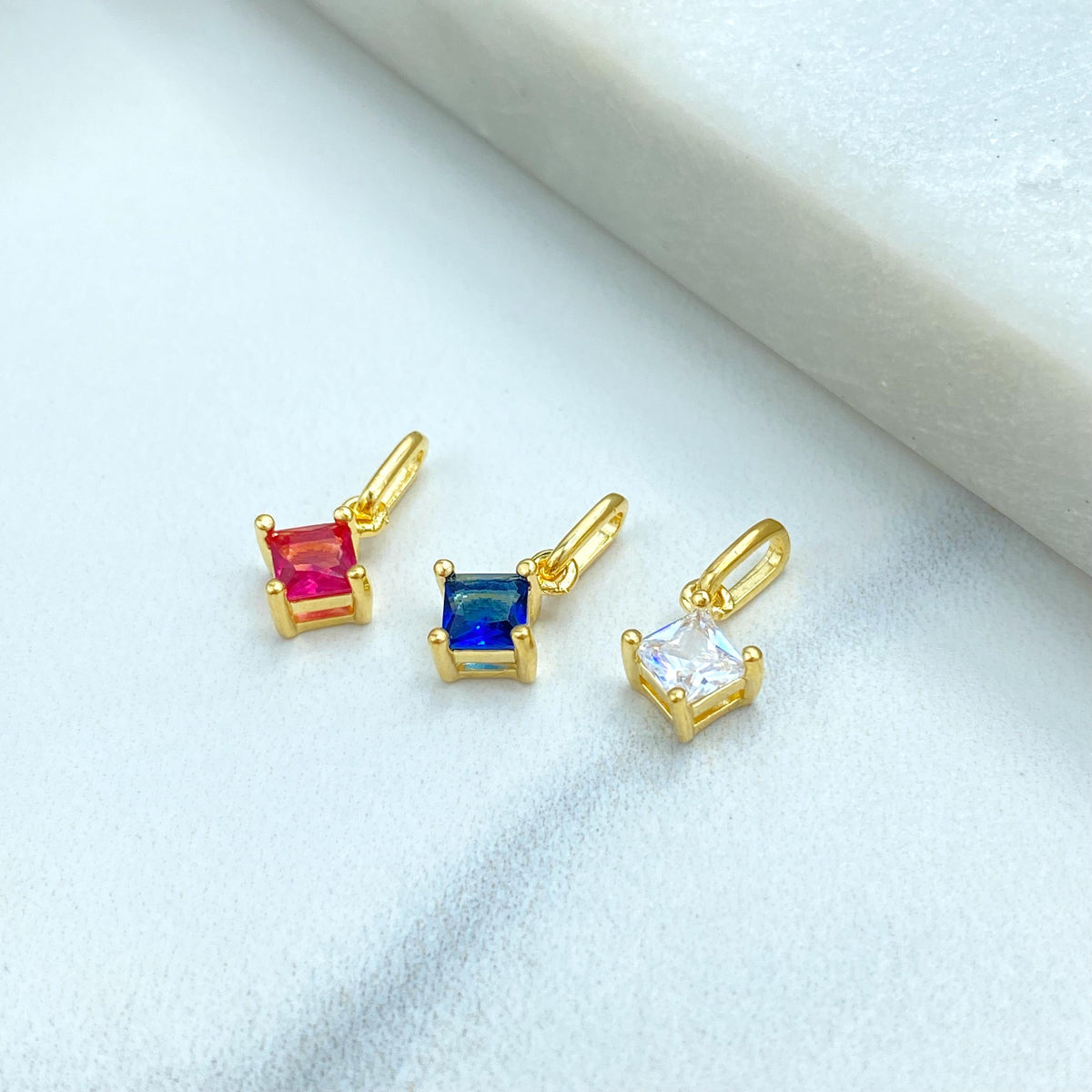 18k Gold Filled Charm, Petite Square CZ Charm in Ruby, Sapphire & Diamond Simulated Stones, CZ Charm, Dainty Jewelry, Wholesale Jewelry