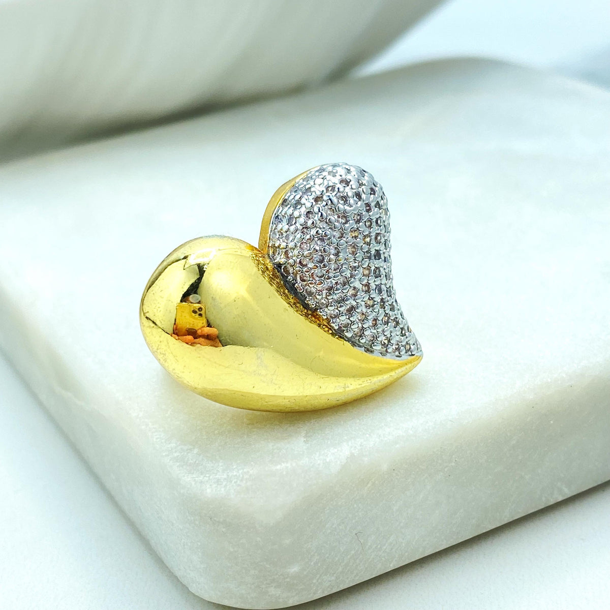 Gold Plated Adjustable Heart Ring, Half Pave Design, Romantic Statement Jewelry, Wholesale Jewelry