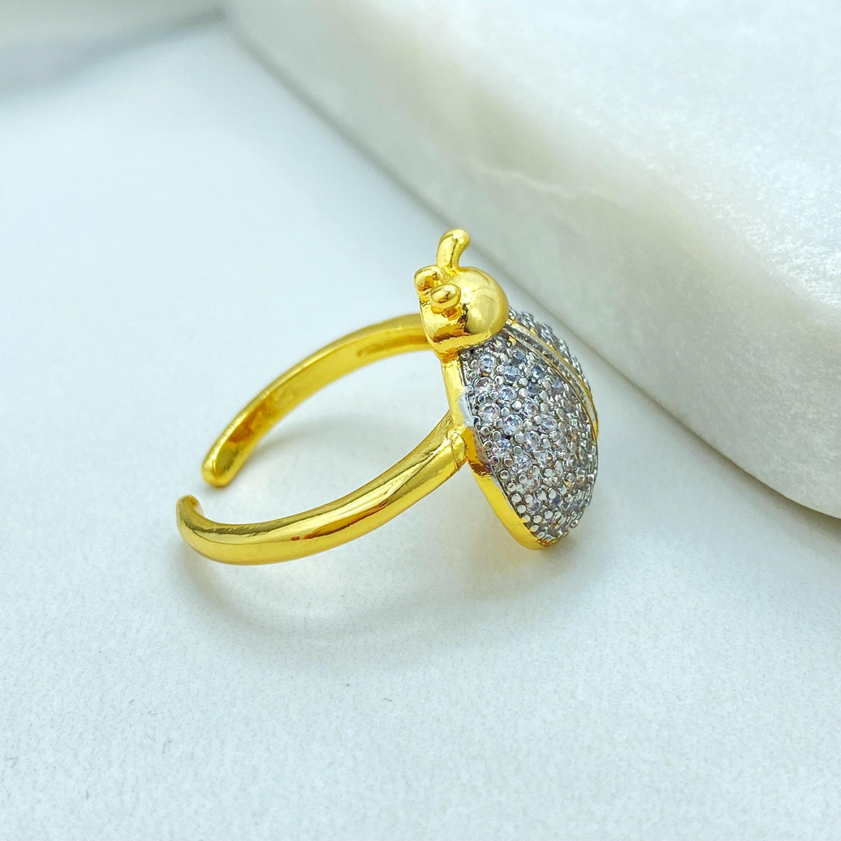 Gold Plated Adjustable Ladybug Ring, CZ Pave Insect Design, Cute Elegant Jewelry, Wholesale Jewelry