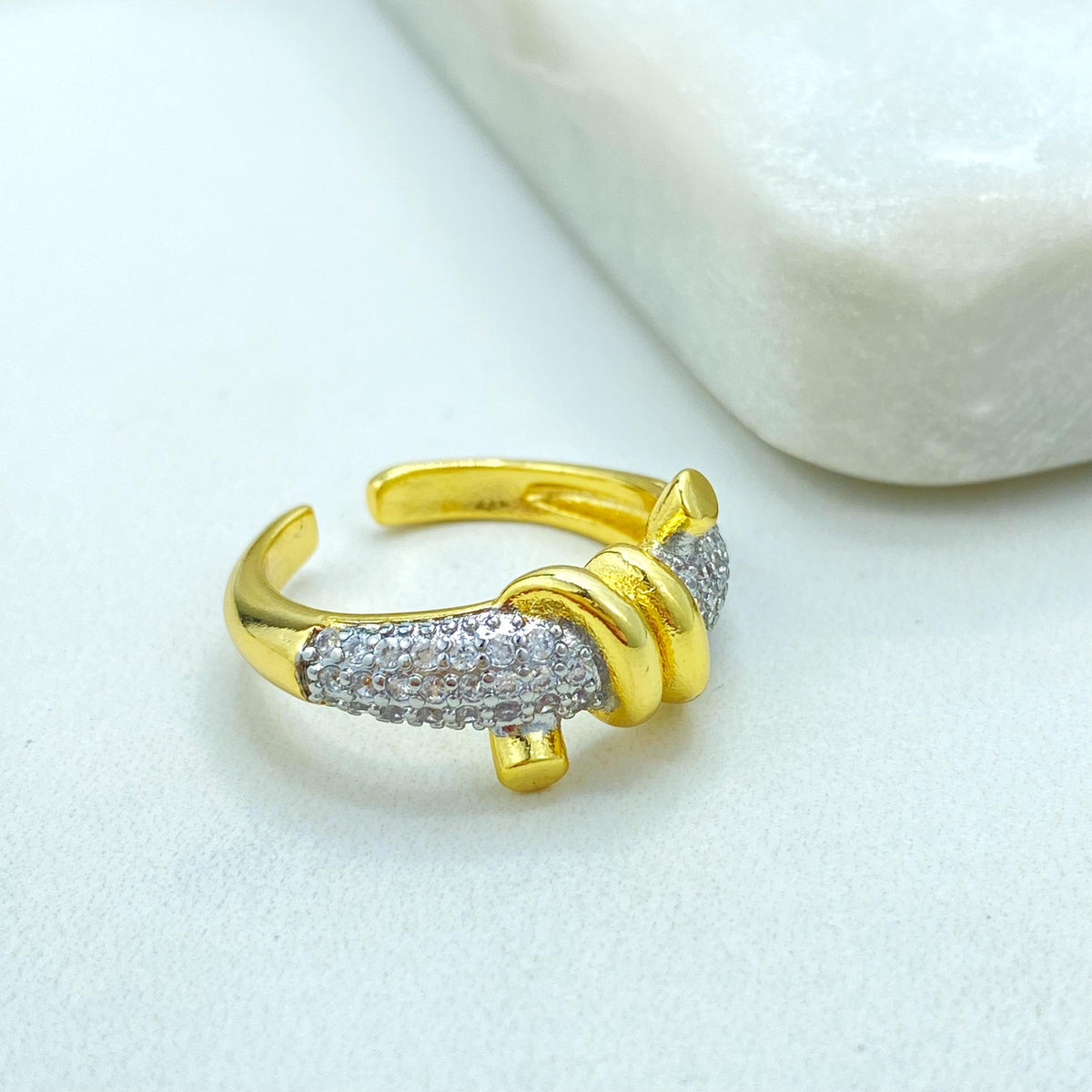 Gold Plated Adjustable Knot Ring, CZ Pave Detailing, Modern Elegant Statement Jewelry, Wholesale Jewelry