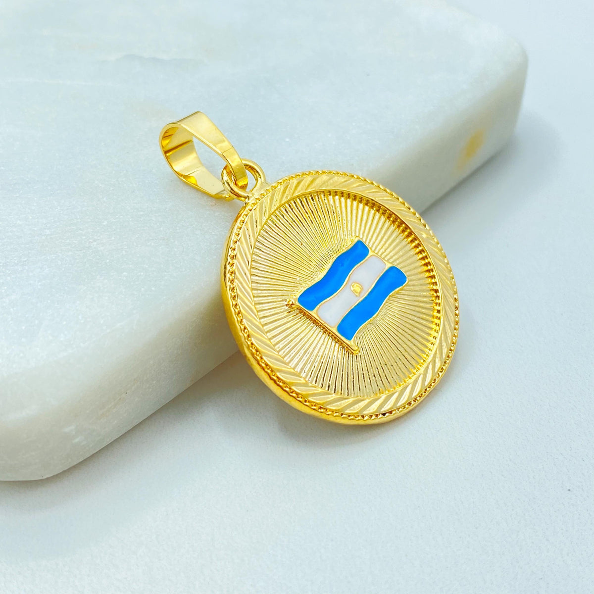 18k Gold Filled Argentina Flag Pendant, Enamel Round Coin Charm