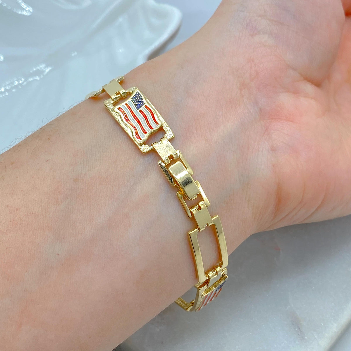18K Gold Filled American Flag Link Bracelet, Enamel USA Rectangular