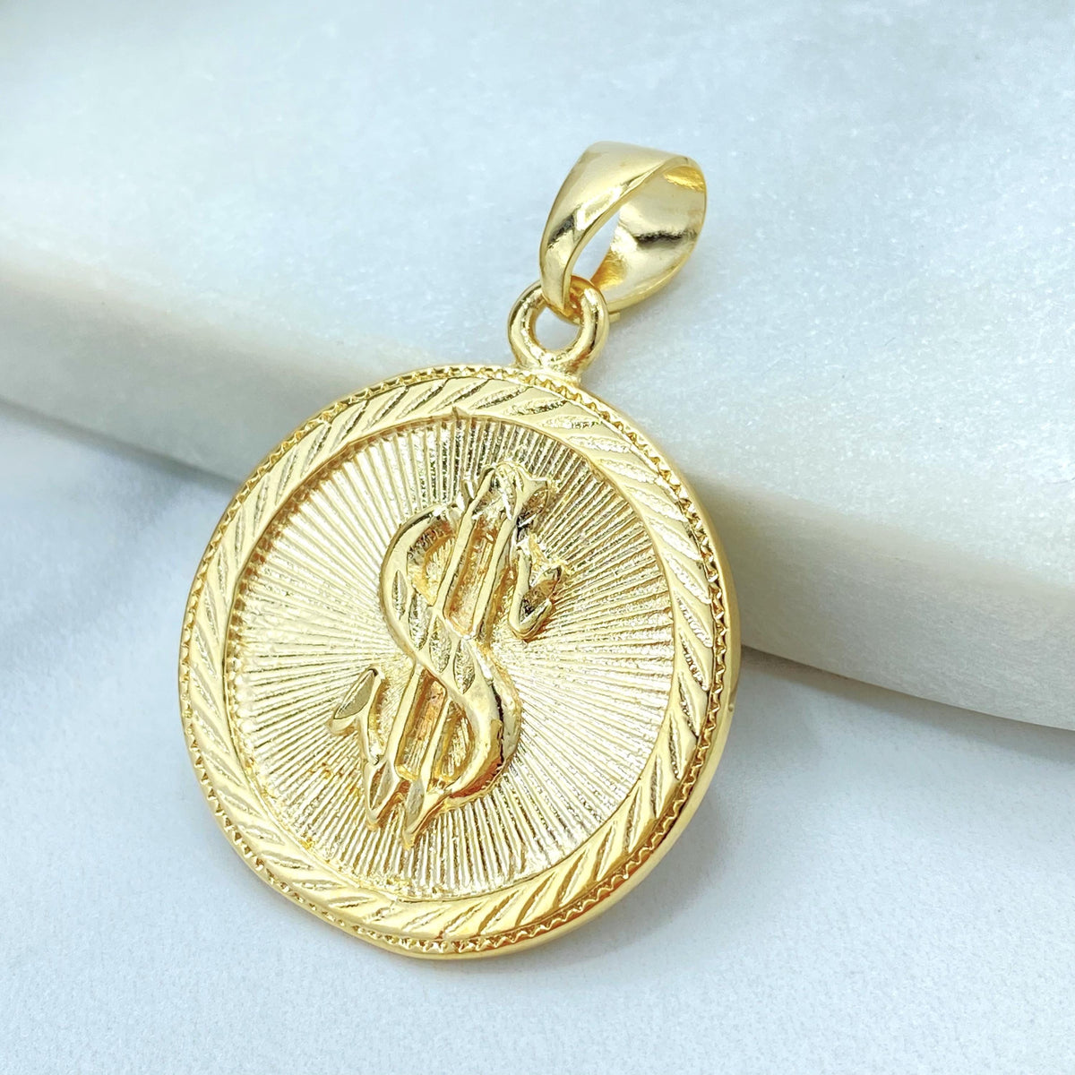 18K Gold Filled Dollar Sign Coin Pendant, Sunburst Medal Money Charm