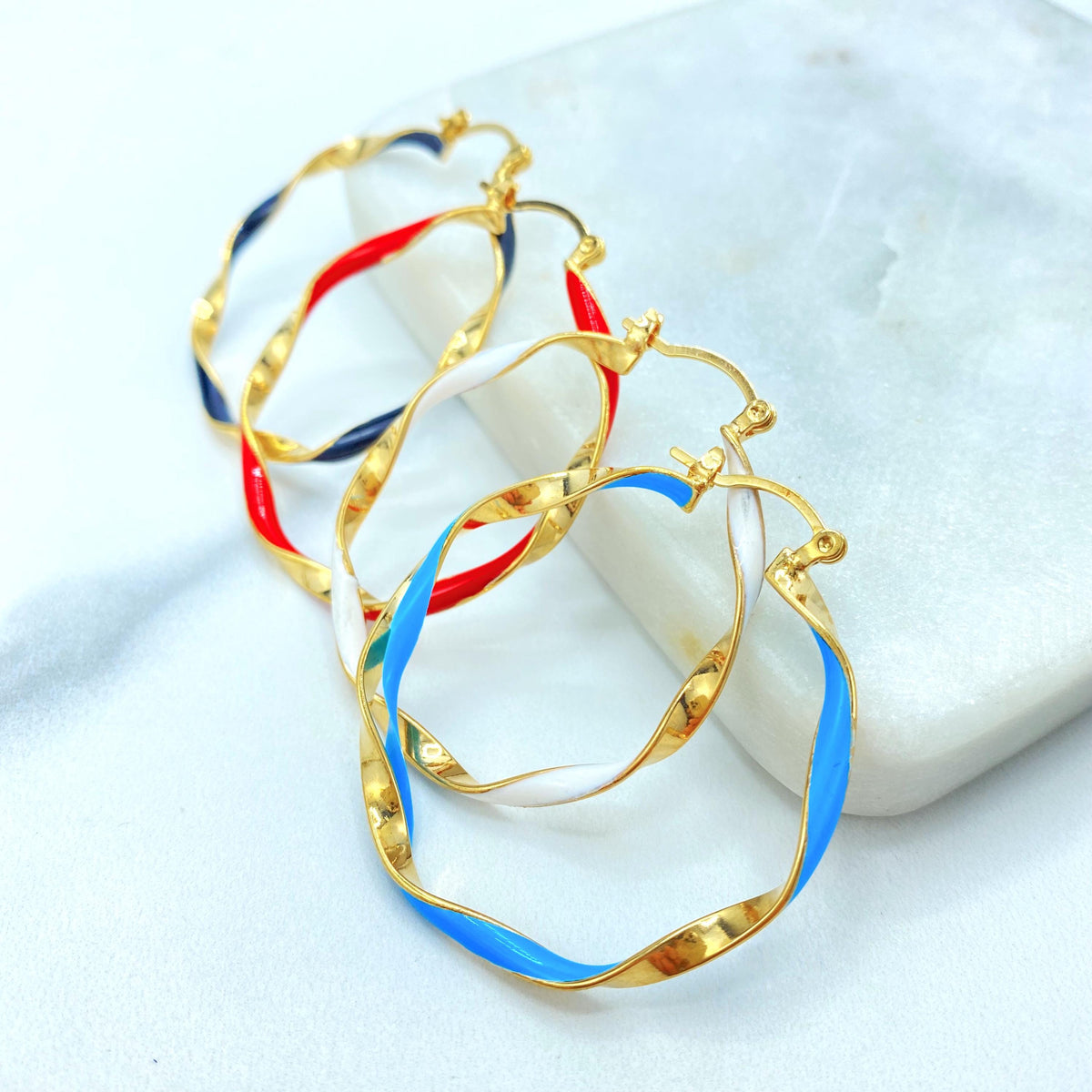 18K Gold Filled Wavy Spiral Loops, Colored Inset Round Pair