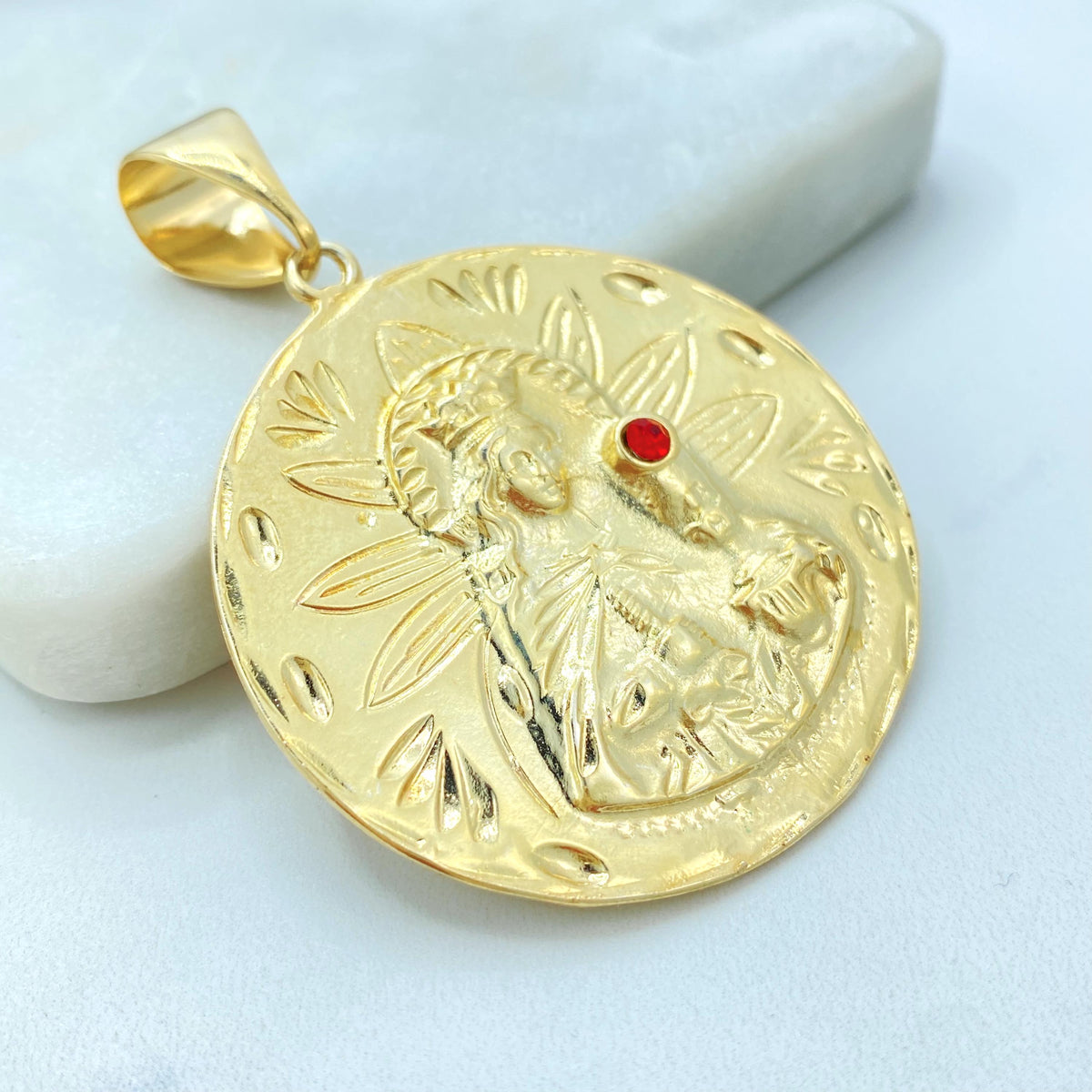 18K Gold Filled Saint Barbara Coin Pendant, Red CZ Accent, Floral Relief