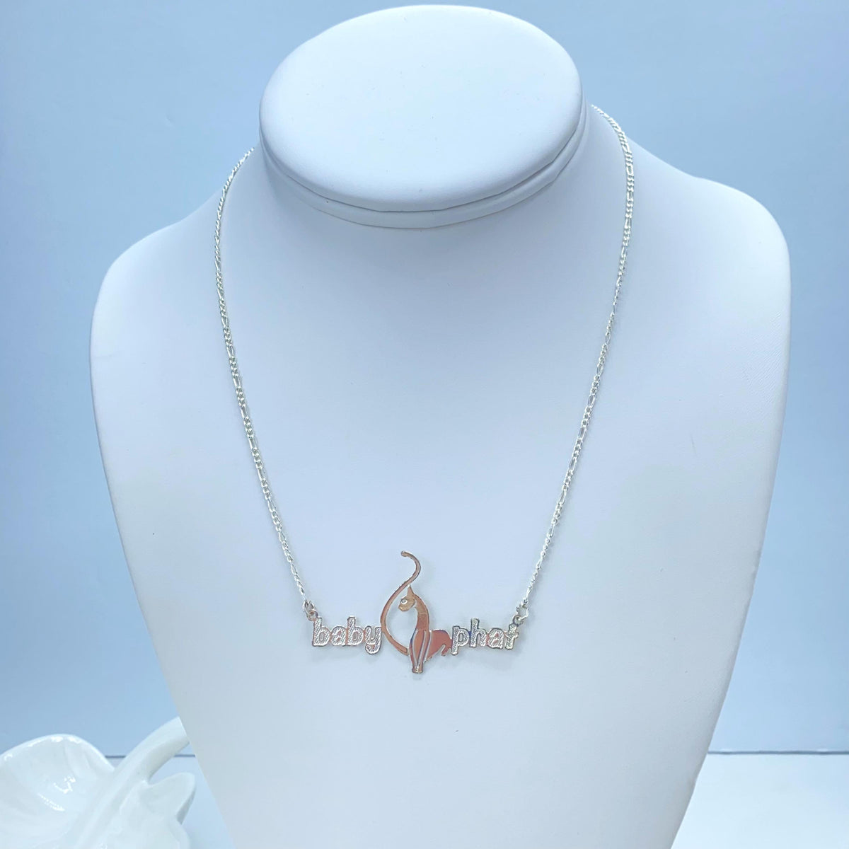 Silver Filled Baby Phat Nameplate Necklace, Figaro Chain, Logo Centerpiece