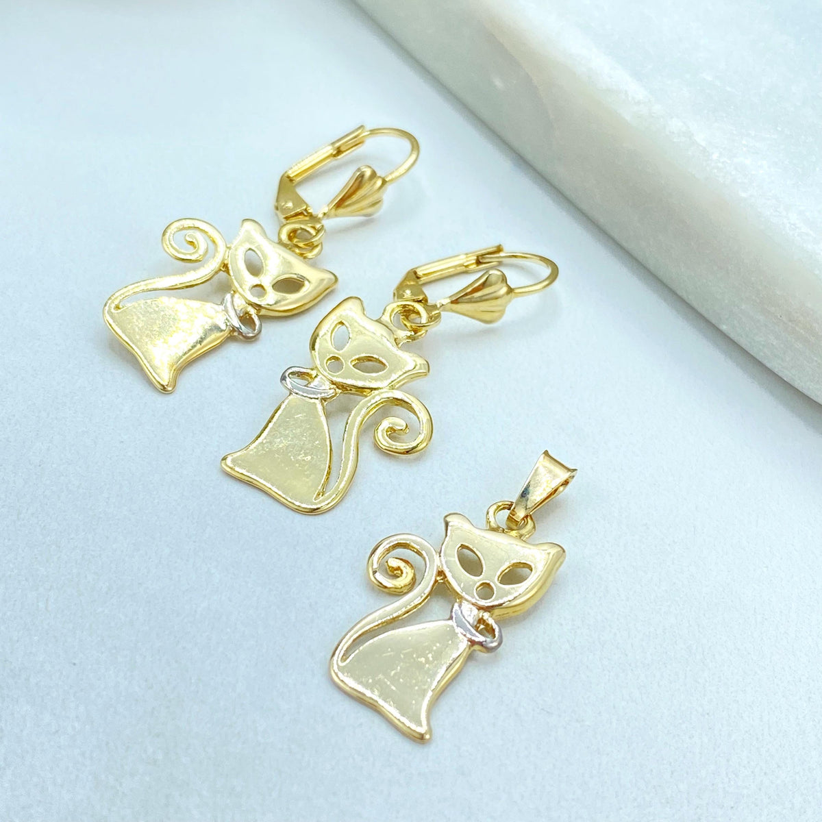 18K Gold Filled Cat Charm Set, Two Tone Collar, Leverback Earrings Pendant