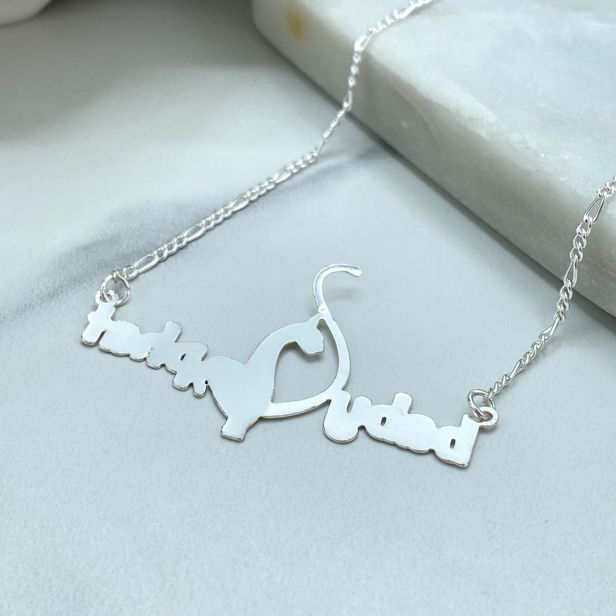 Silver Filled Baby Phat Nameplate Necklace, Cat Logo Pendant Figaro Chain