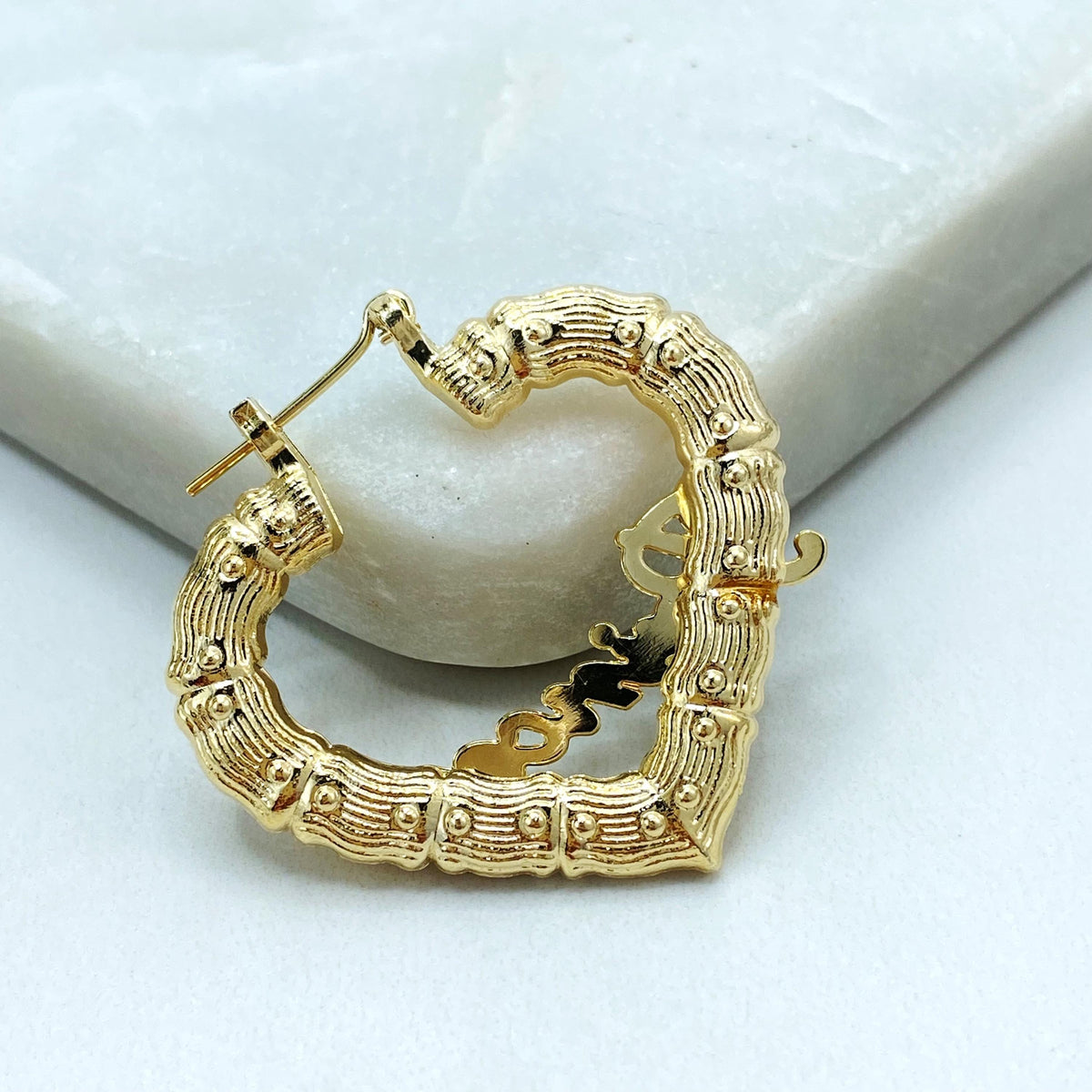 18K Gold Filled Heart Hoop Earrings, Princess Script Bamboo Texture