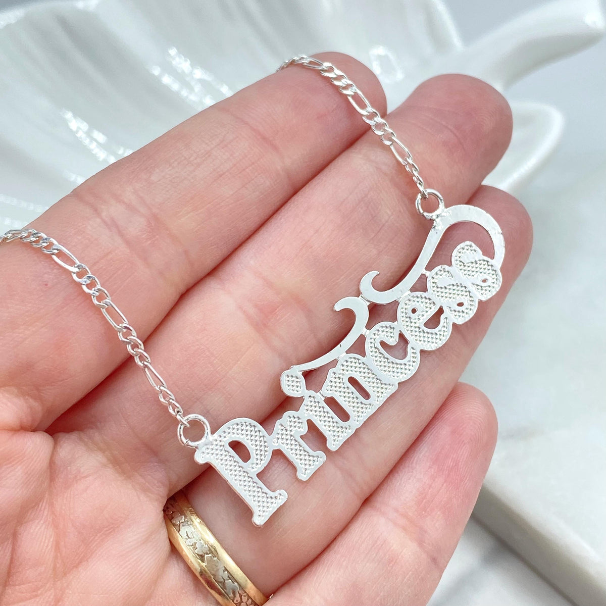 Silver Filled Princess Nameplate Necklace, Textured Letter Pendant Figaro Link
