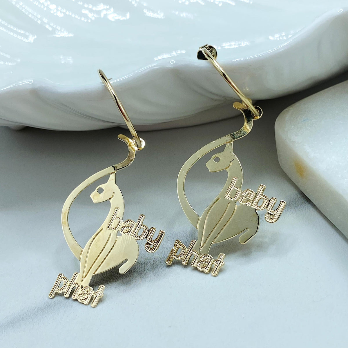 18K Gold Filled Baby Phat C Hoop Earrings, Dangle Cat Charm
