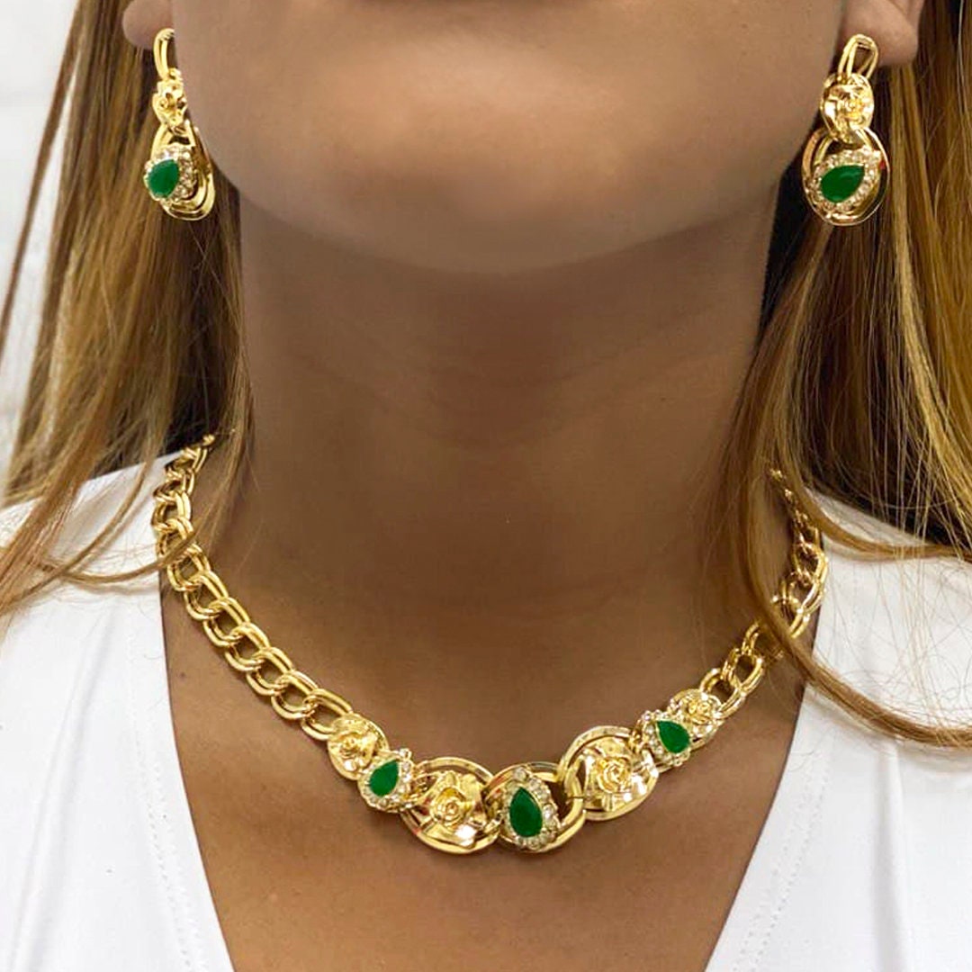 18k Gold Filled Fancy Green, Red or Black Stone, Necklace and Bracelet Set (03 Pieces) Wholesale Jewelry Making Supplies