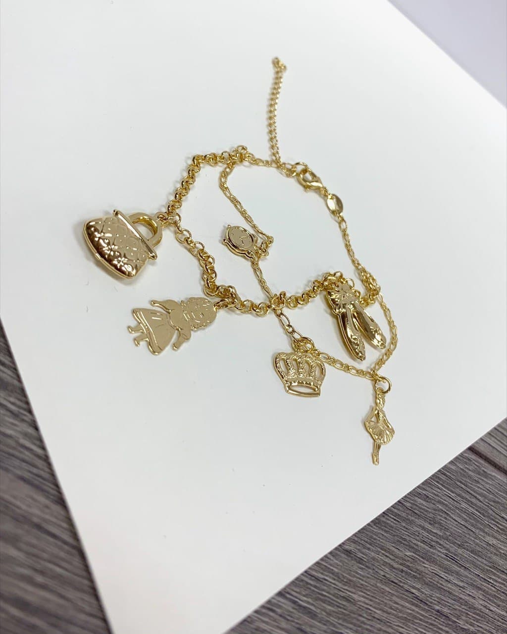 18k Gold Filled Ballet Dancer, Bag, Crown, and Girl Charms , Rolo Link Bracelet Wholesale Jewelry Supplies