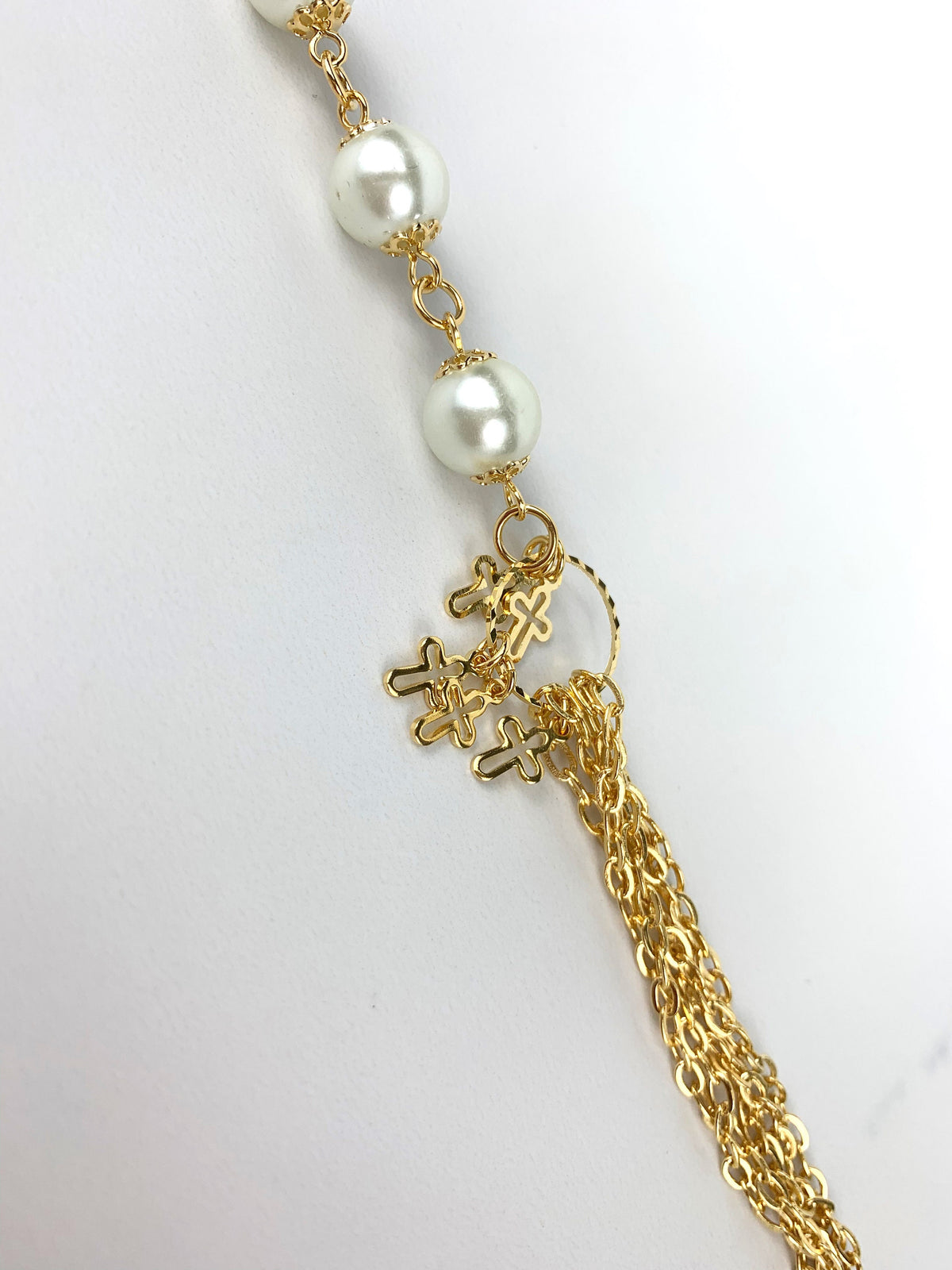 18k Gold Filled Crosses in Circle and White Simulated Pearls 8 inches Bracelet Wholesale Jewelry Supplies