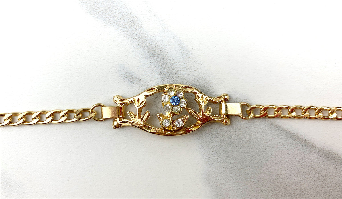 18k Gold Filled 4mm Curb Link, Blue Cubic Zirconia Flower Id Design Kids Bracelet Wholesale Jewelry Supplies