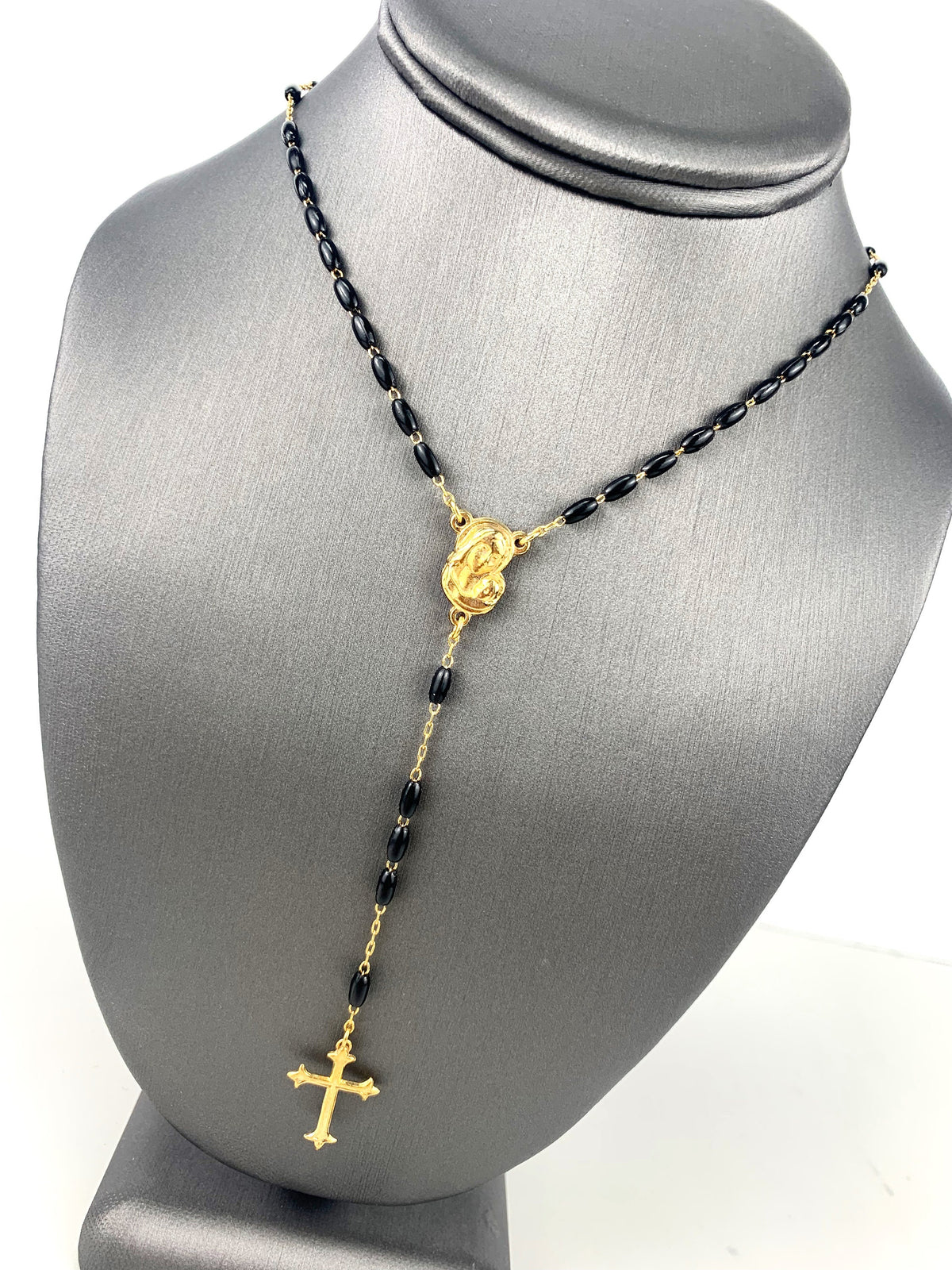 18k Gold Filled Black Beads Ave Maria Beaded Rosary Necklace, Religious Jewelry, Wholesale Jewelry Making Supplies
