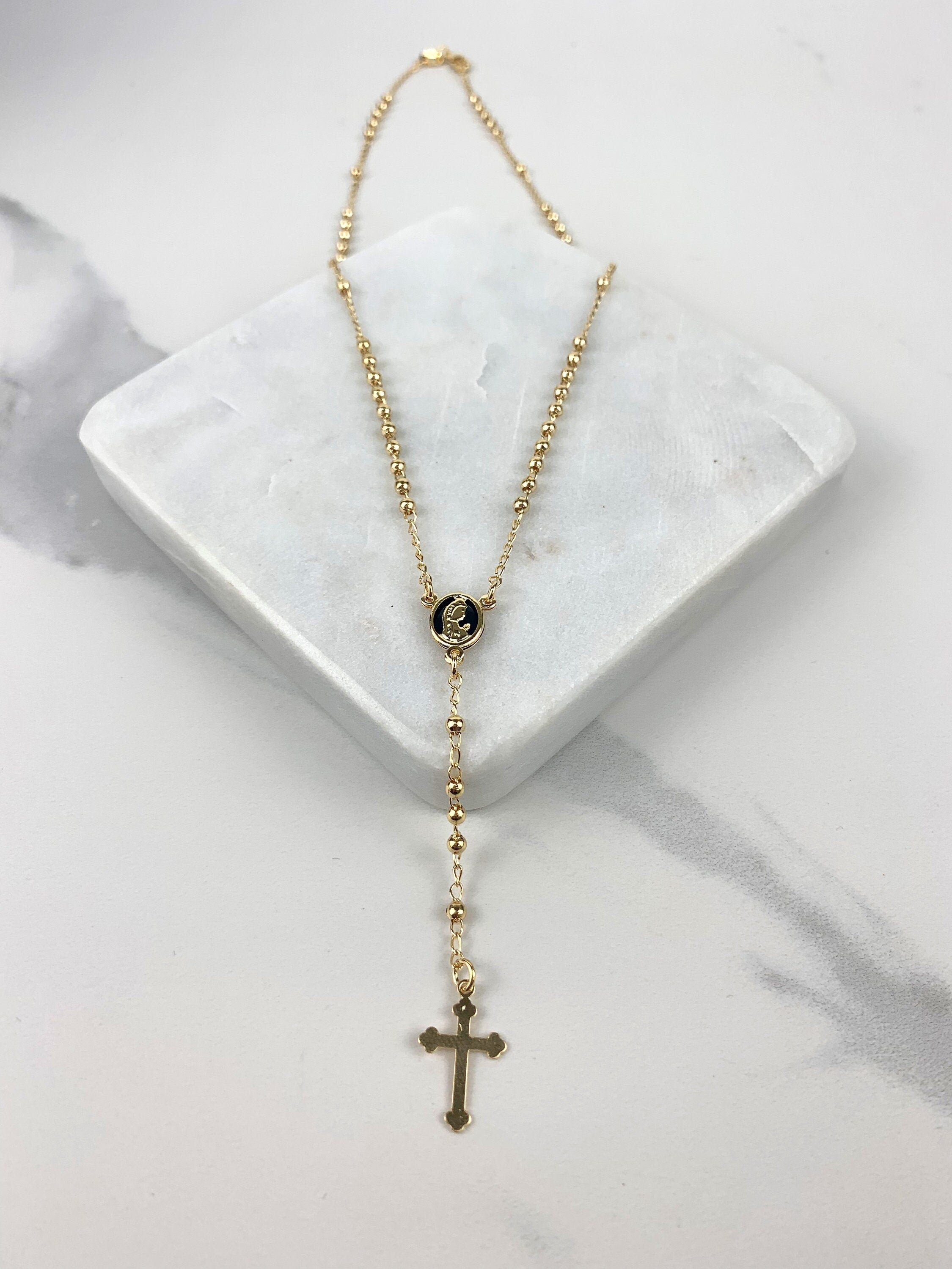18k Gold Filled Dainty Rosary Beads Necklace Virgin Mary with Cross Si –  Dijujewel