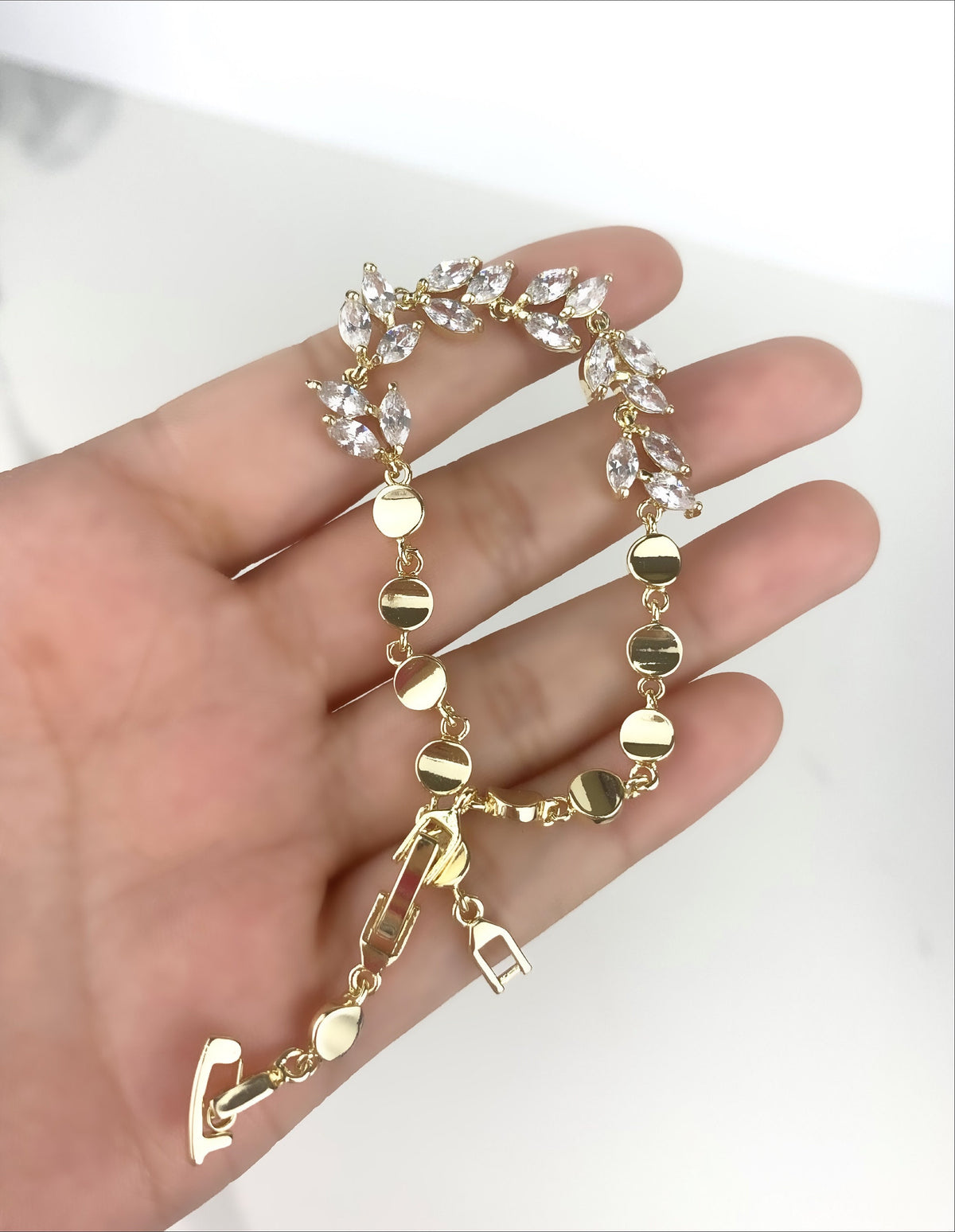 18k Gold Filled Clear Cubic Zirconia Leaves Shape & Gold Circles Linked Bracelet Wholesale Jewelry Making Supplies