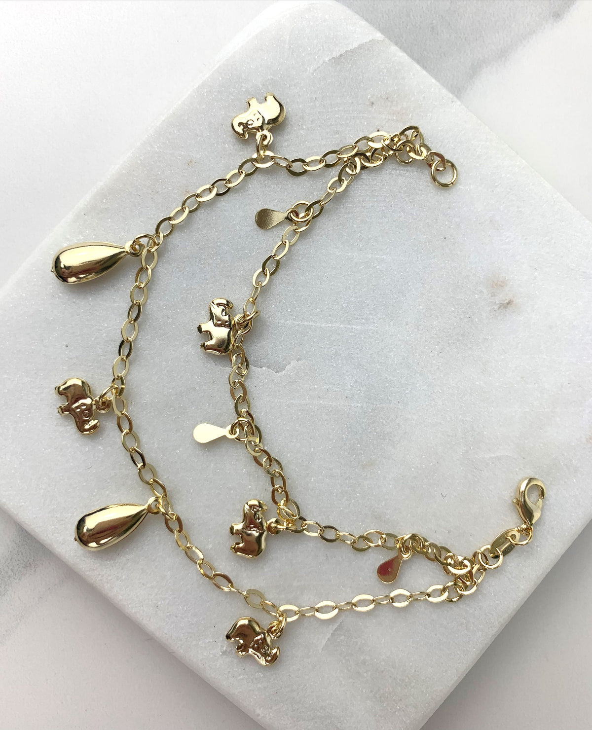 18k Gold Filled Double Chains, Elephants and Teardrops Charms Double Bracelet Wholesale Jewelry Supplies