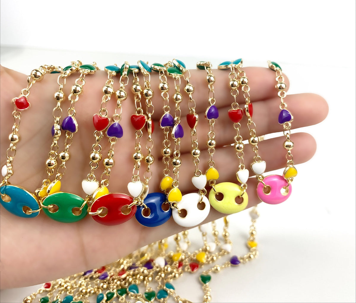 18k Gold Filled Beaded Linked, Fancy Mariner Link Charm, Grain Coffee, Hearts Necklace Rainbow Wholesale Jewelry Making Supplies
