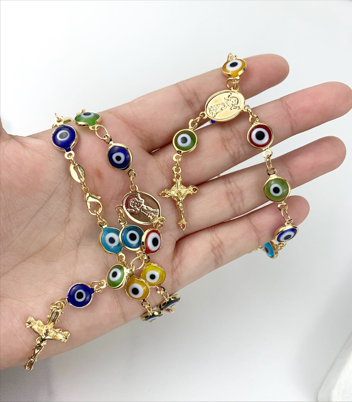 18k Gold Filled Fancy Divine Child (Divino Nino) Good Luck Eyes Rosary and Bracelet Wholesale Jewelry Supplies