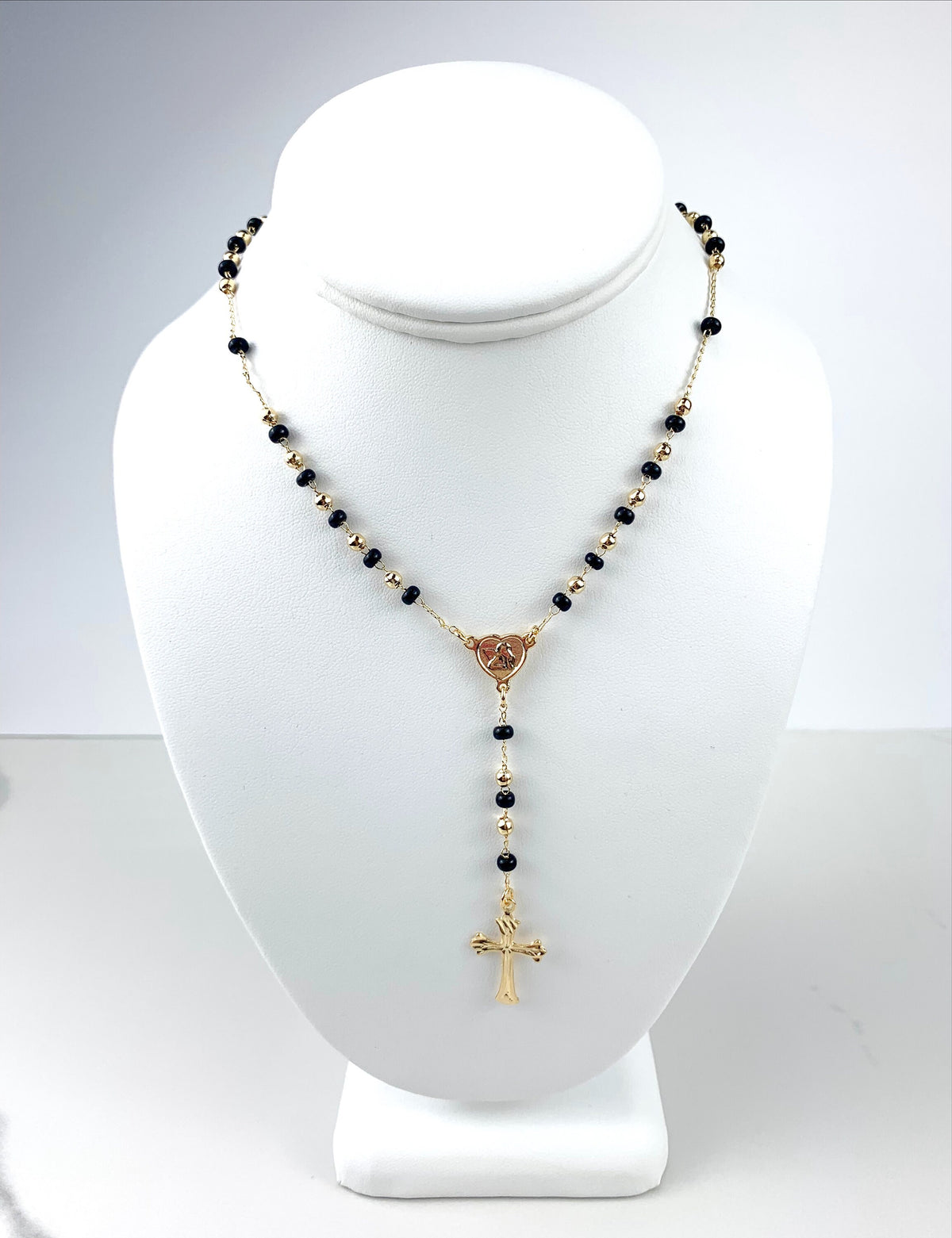 18k Gold Filled Black & Gold Beads, Heart Shape Angel Rosary Necklace, Religious Jewelry, Wholesale Jewelry Making Supplies
