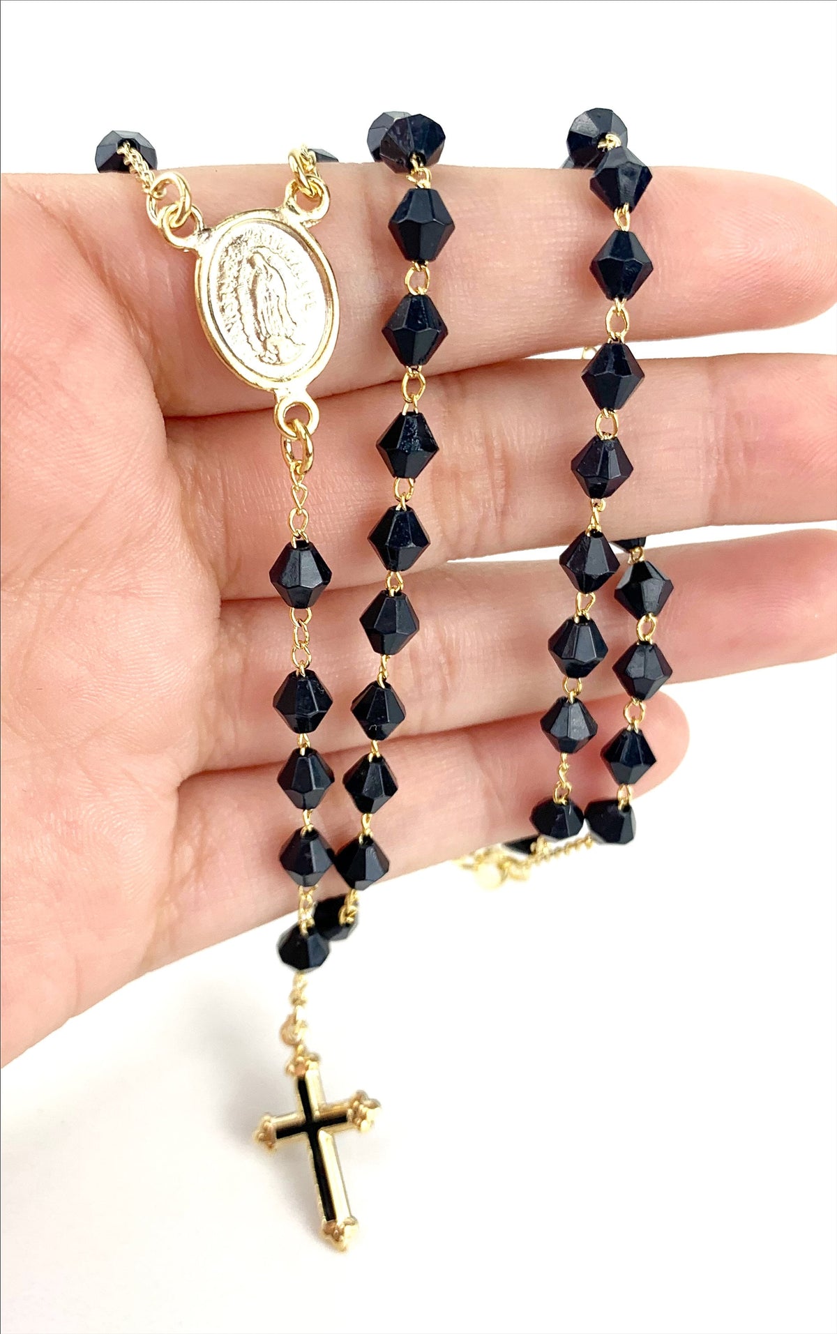 Fashion Rosary In 18k Gold Filled Featuring Black Beads Our Lady of Guadalupe (Virgen de Guadalupe) And Cross Wholesale Jewelry Supplies