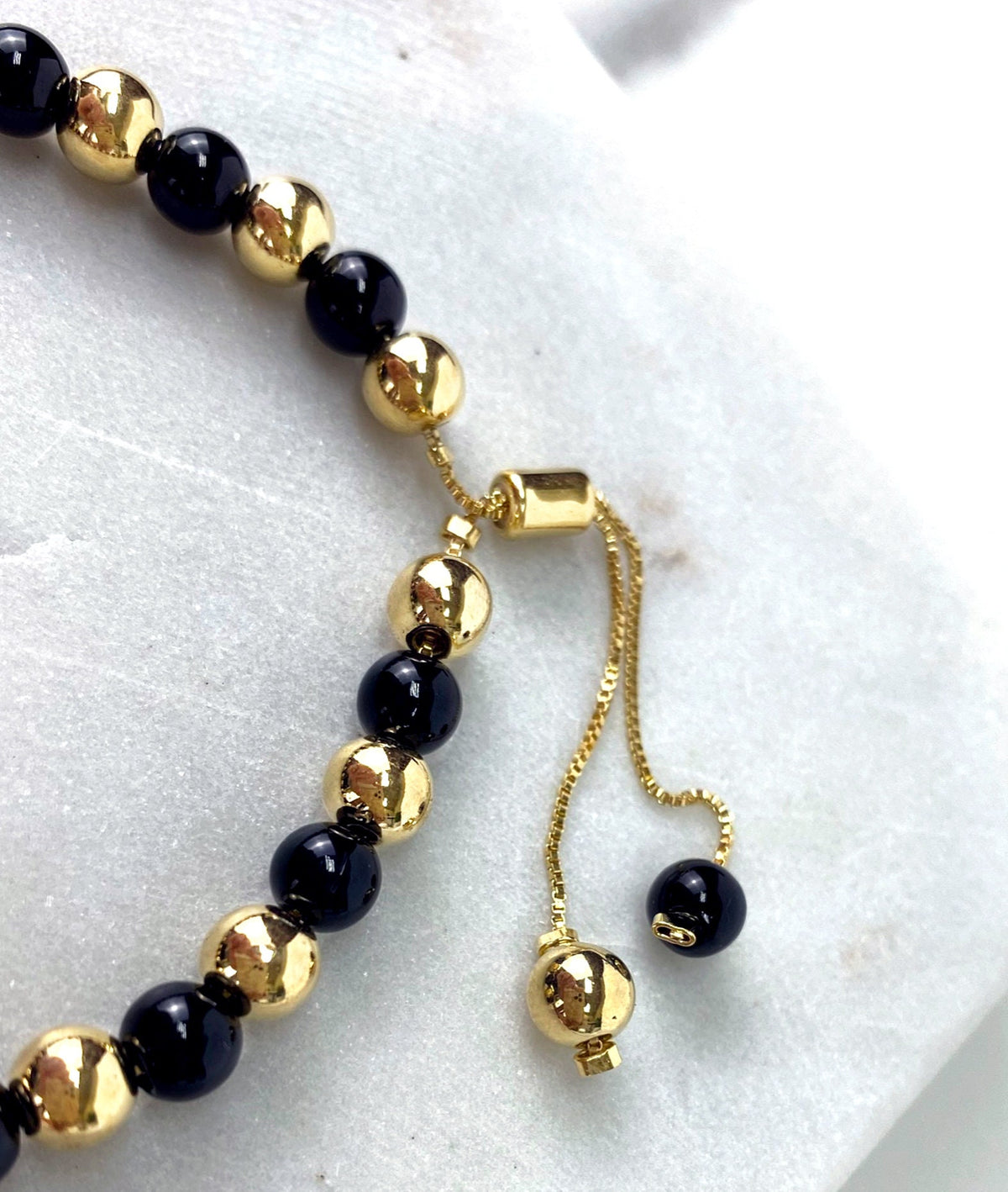 18k Gold Filled 1mm Box Chain Bracelet Featuring Simulated Onyx Black Bead Ball, Gold Beads, Adjustable Bracelet Wholesale Jewelry Supplies