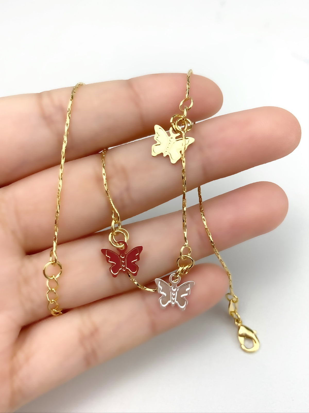 18k Gold Filled three Color Silver, Gold and Pink Gold Butterfly Anklets Wholesale Jewelry Supplies