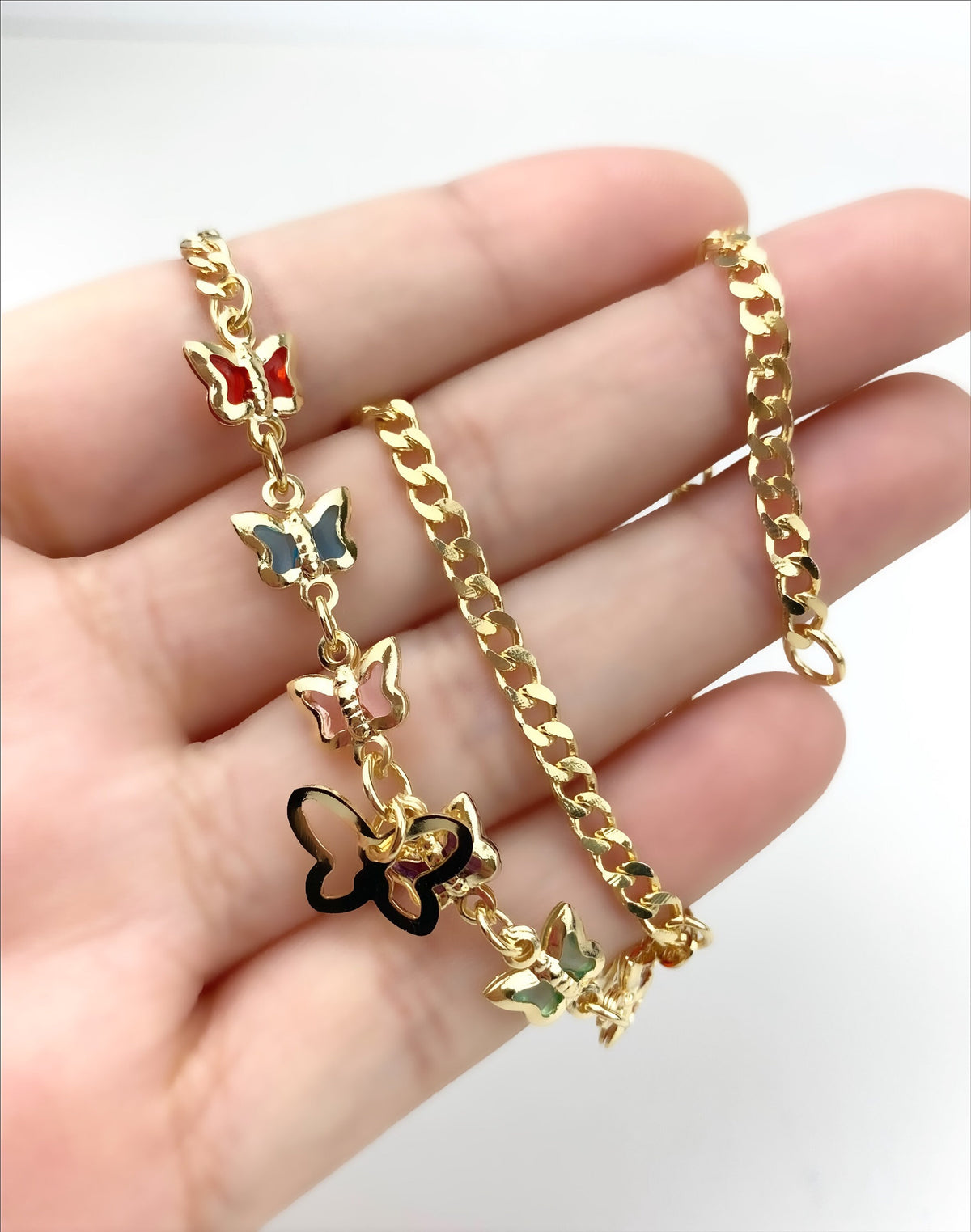 18k Gold Filled Colorful Butterflies and Monarch Cuban Link Chain Anklet Wholesale Jewelry Supplies