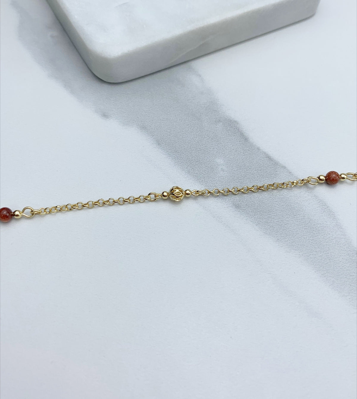 18k Gold Filled Brown Venturina Bead Anklet Rolo Chain Wholesale Jewelry Supplies
