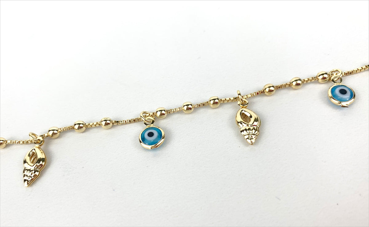 18k Gold Filled Box Link, Satellite Link, Fancy Blue Greek Eyes Bracelet Snails Wholesale and Jewelry Supplies